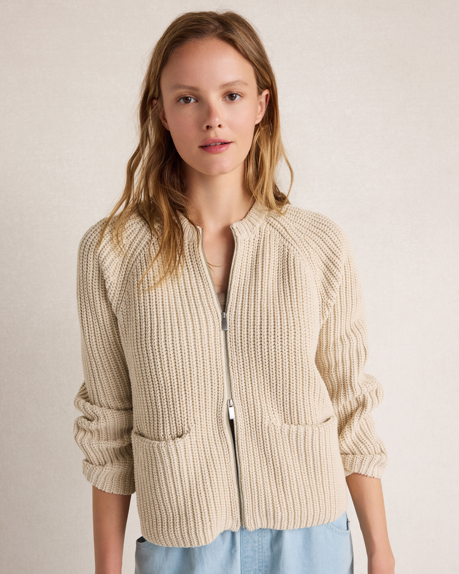 Cotton Blend Shaker Stitch Bomber Jacket