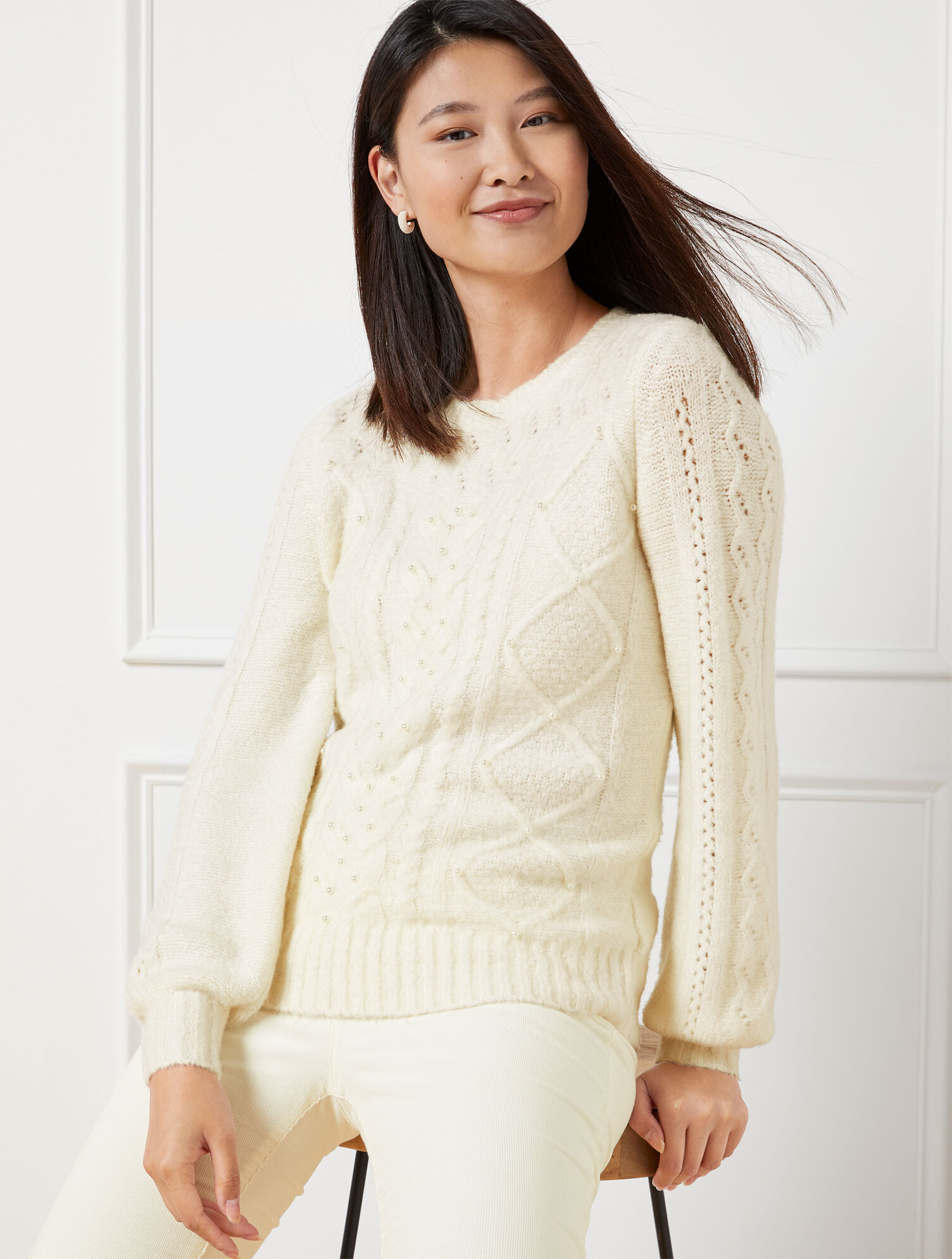 Pointelle Cable Knit Crewneck Sweater