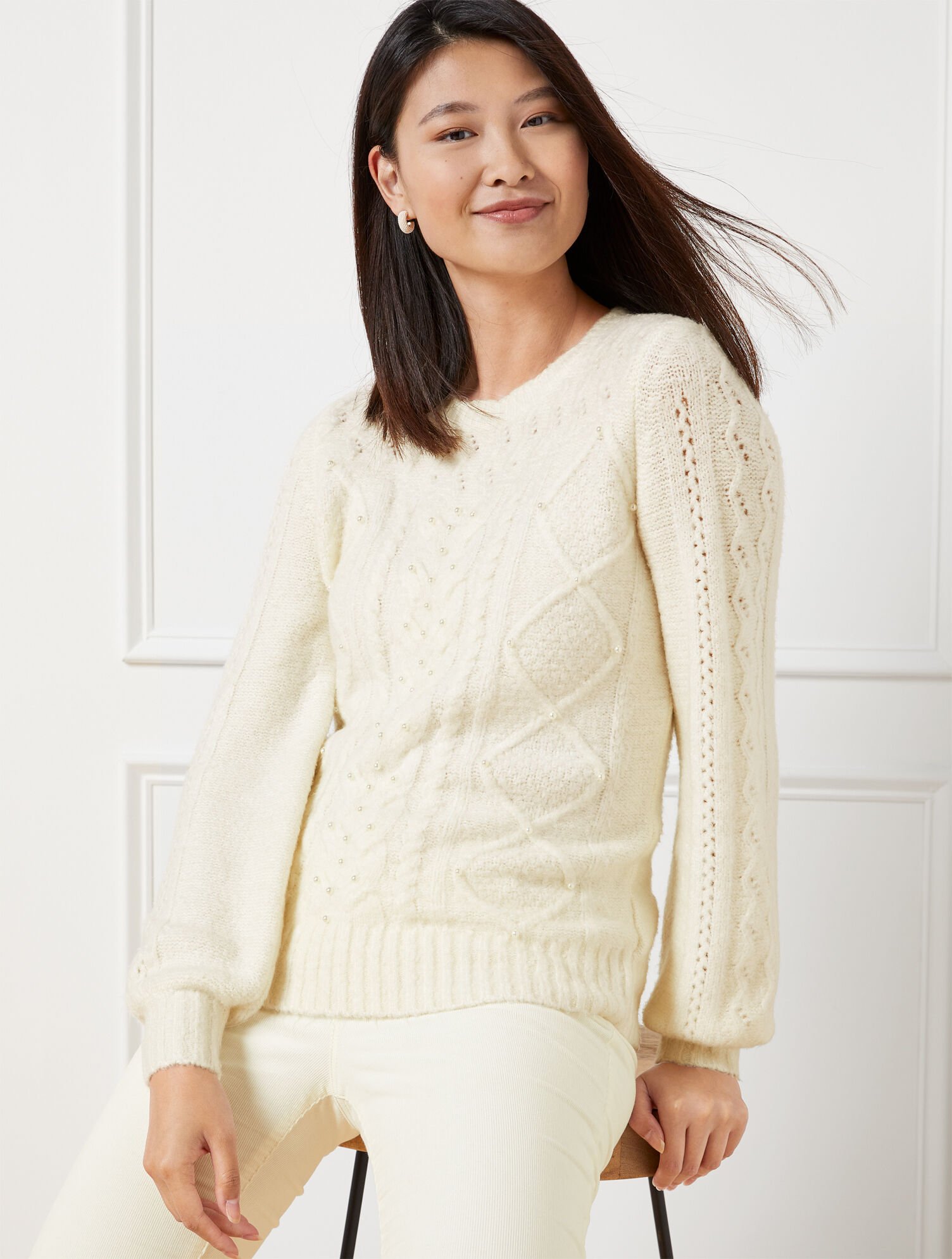 Pointelle Cable Knit Crewneck Sweater Talbots