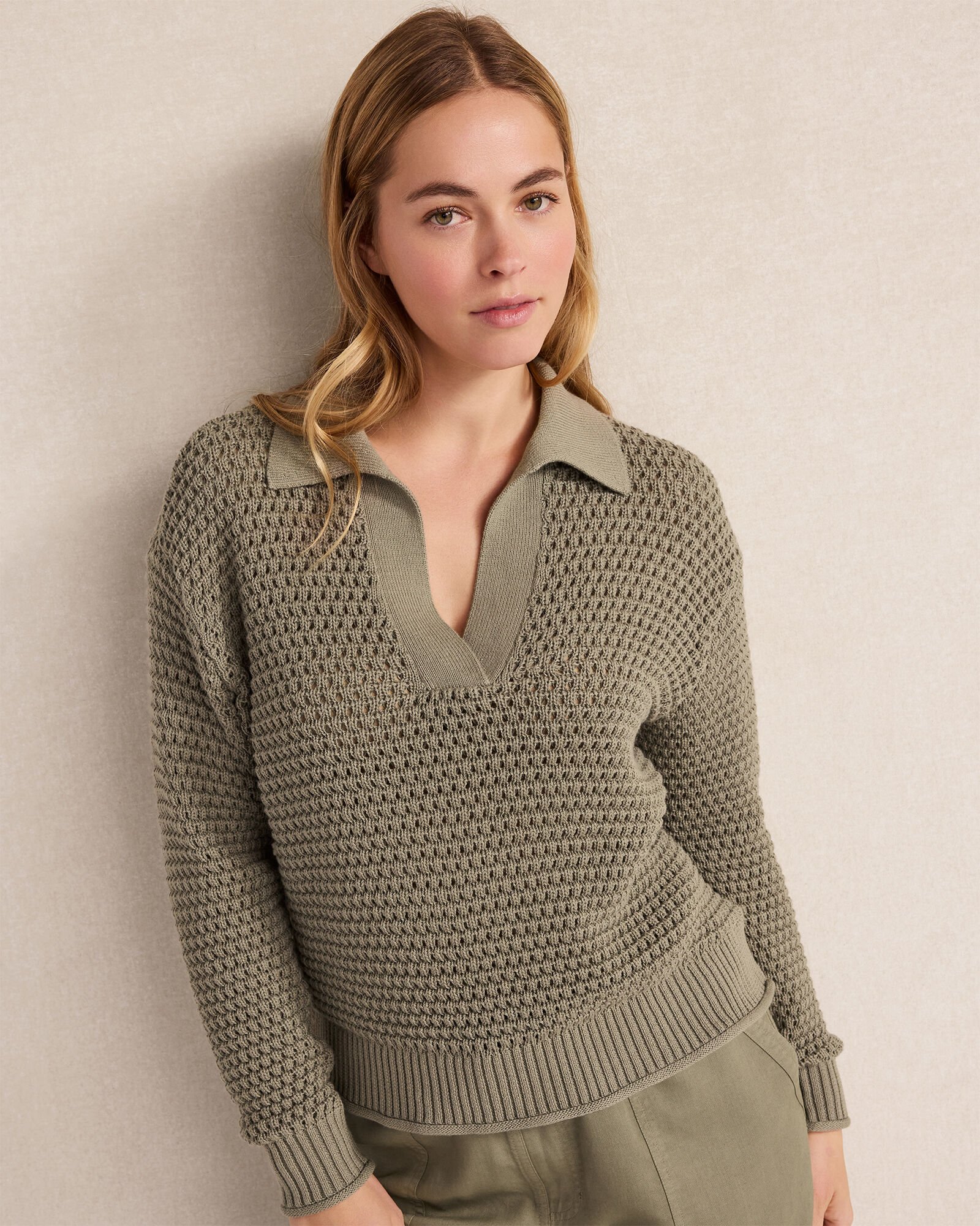 Cotton Wave Stitch Johnny Collar Sweater