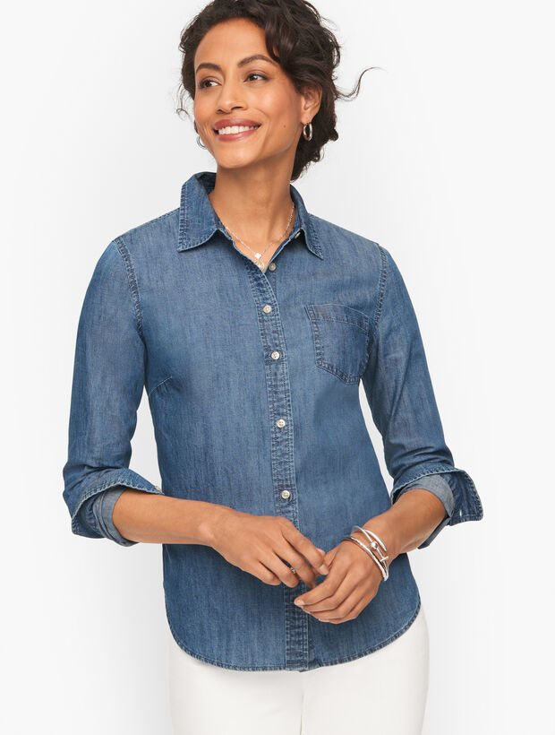 Striated Denim Button Front Shirt