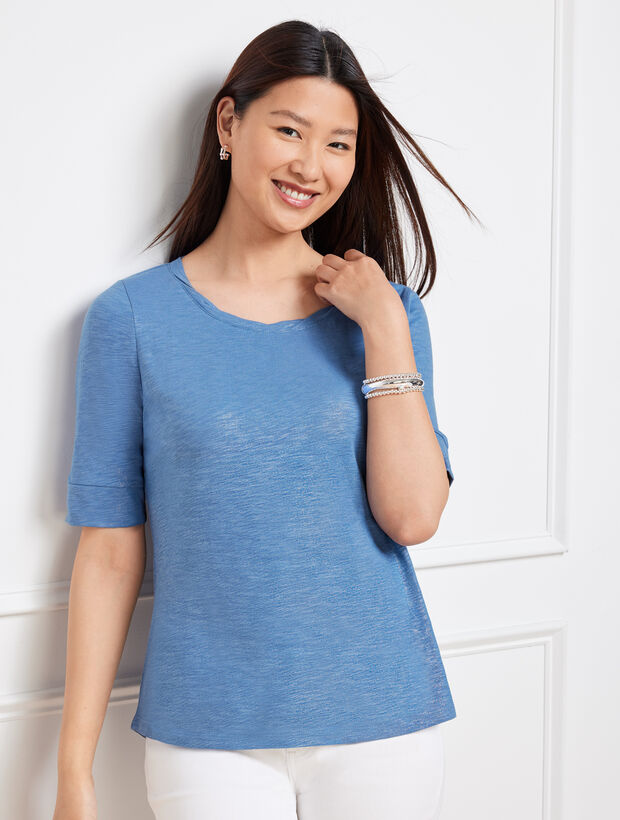 Shimmer Roll Cuff Twist Neck Tee