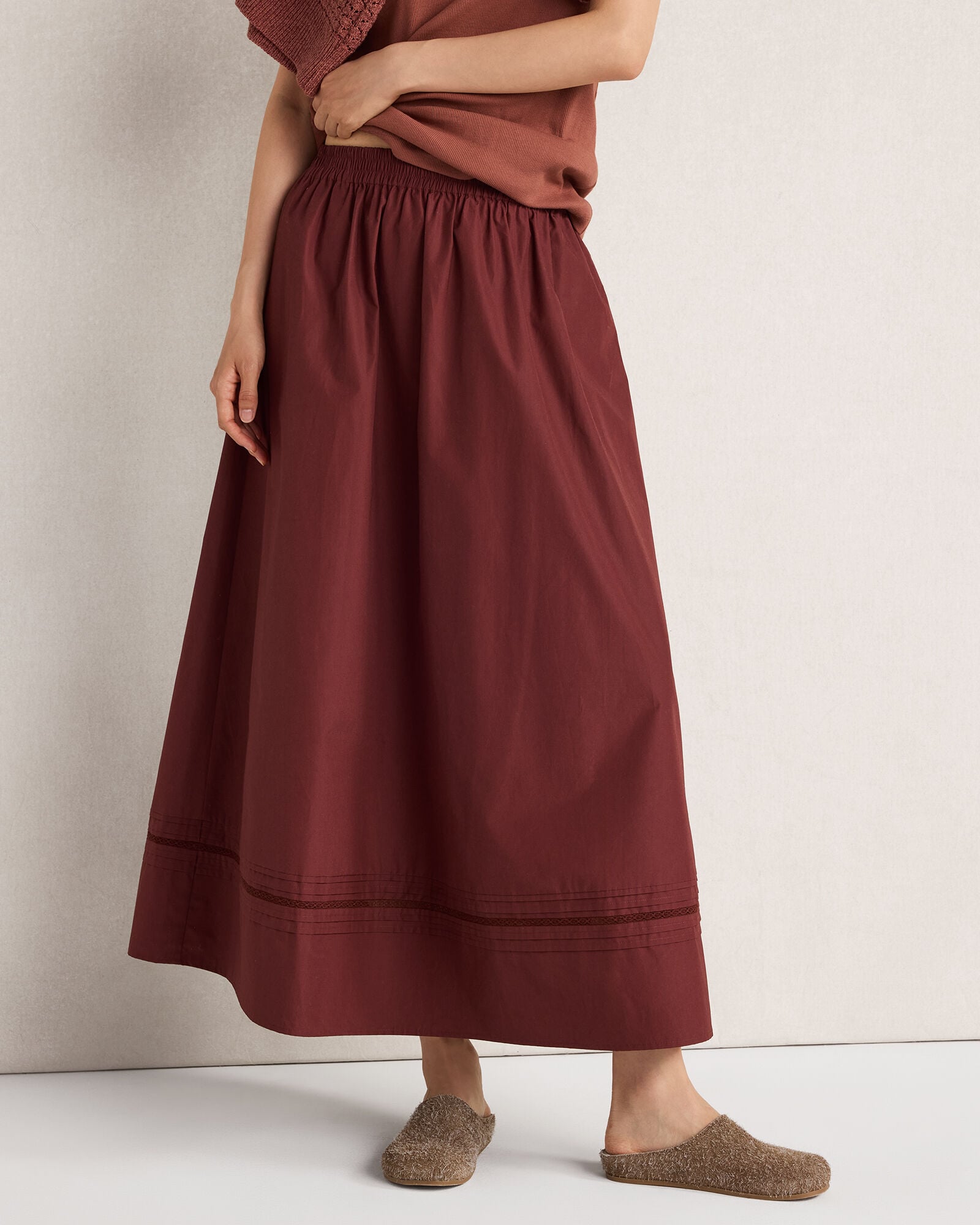 Pima Cotton Poplin Lace Pintuck Midi Skirt