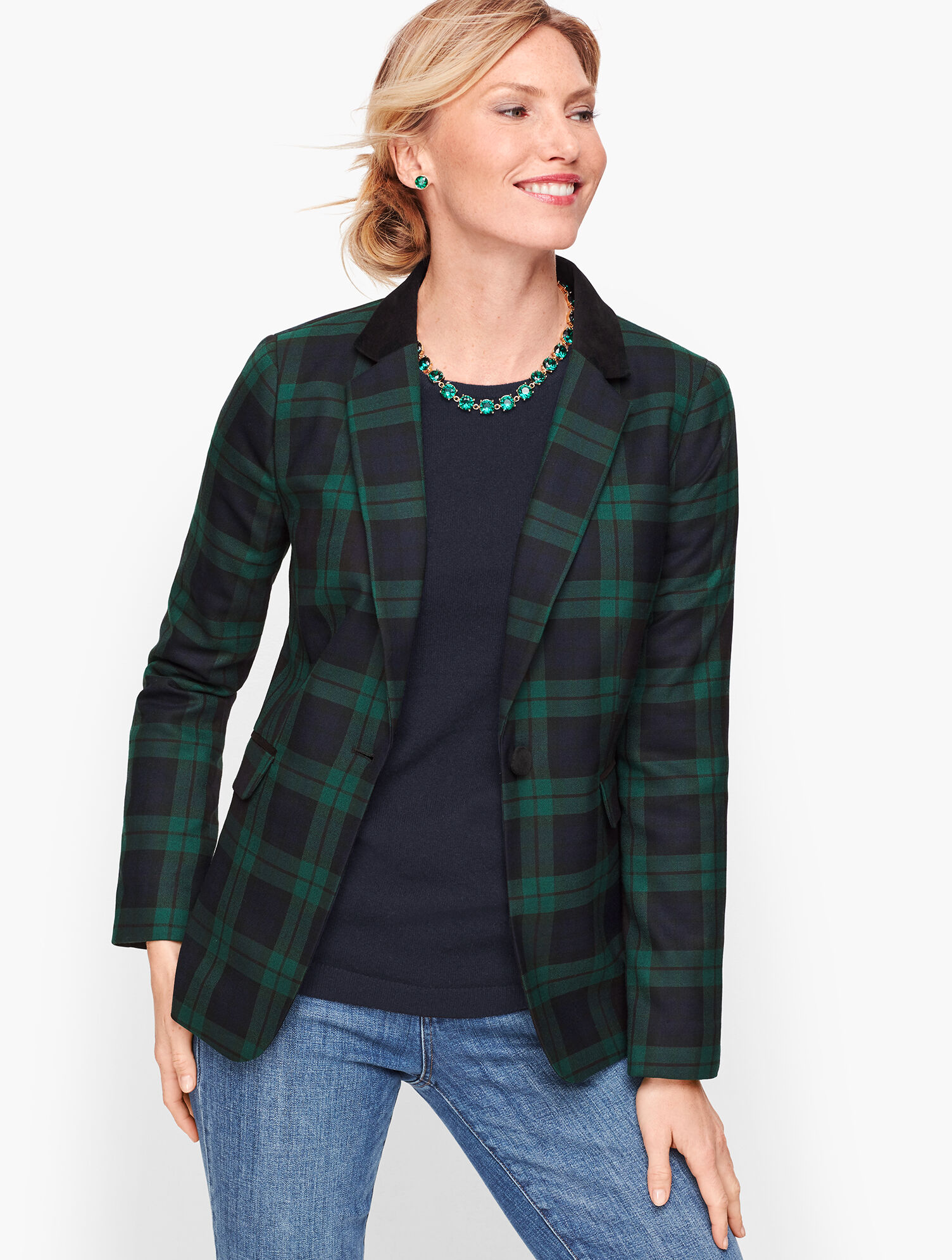 Velvet Trim Black Watch Plaid Blazer