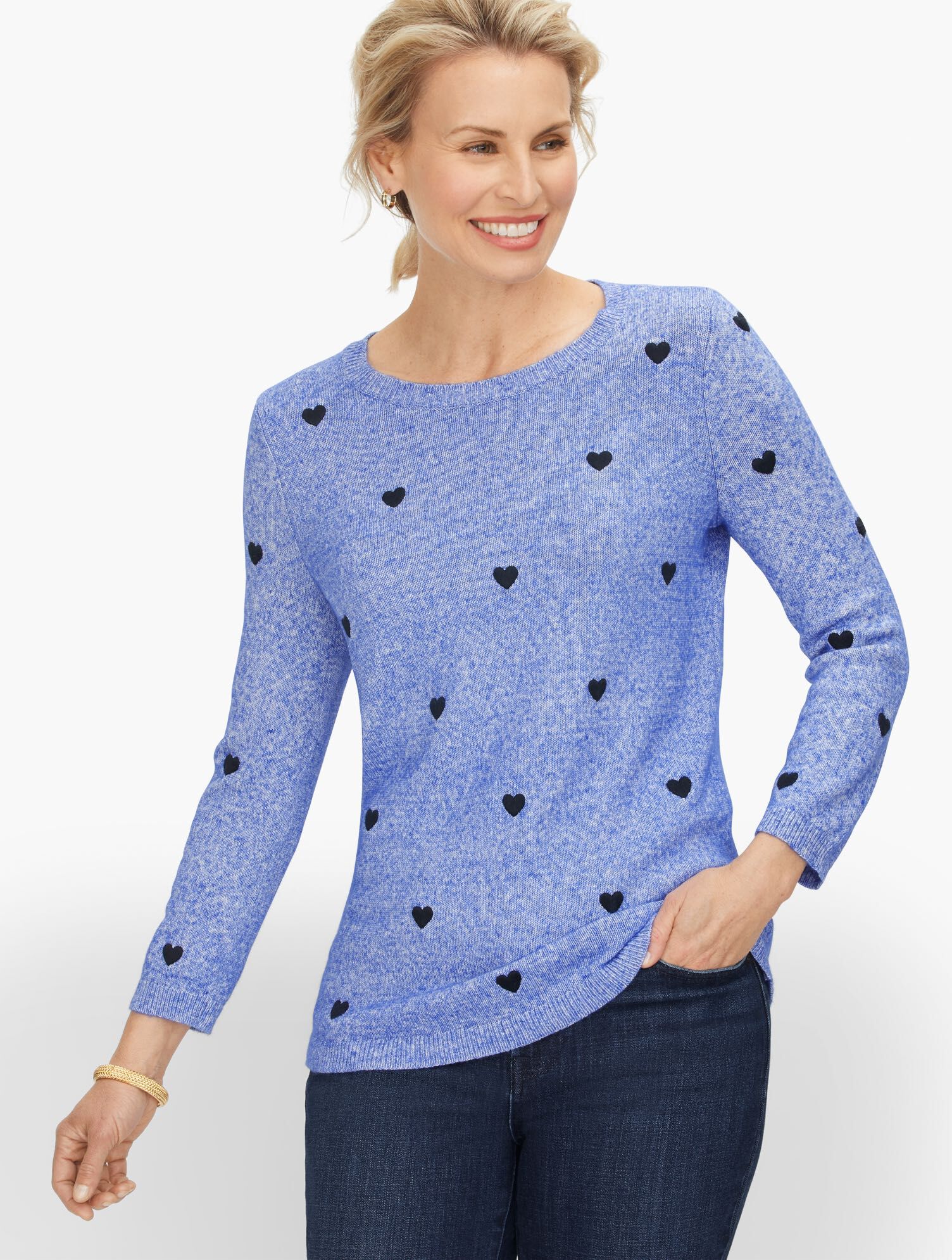 Embroidered Hearts Crewneck Sweater