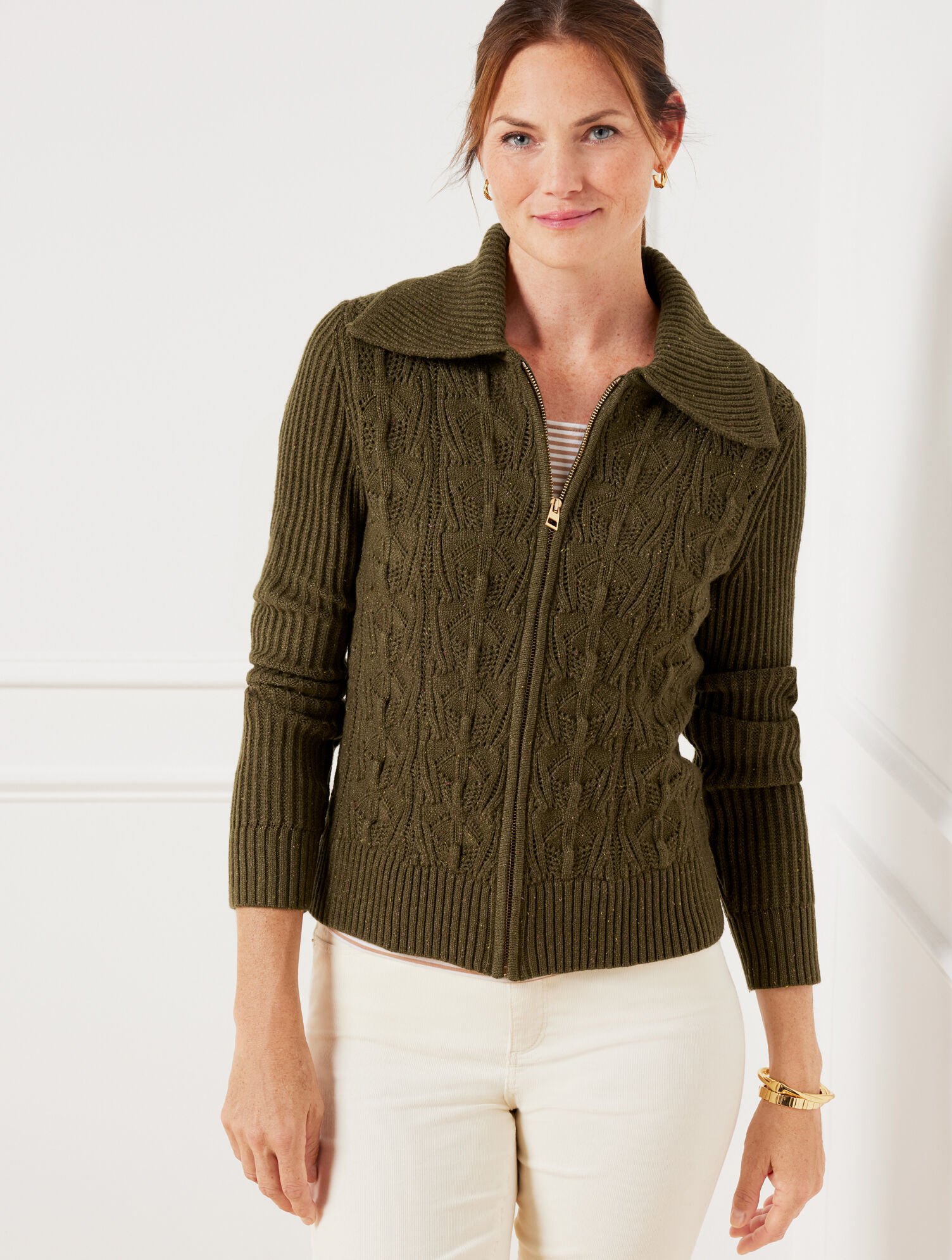 Pointelle Knit Sweater Jacket Tweed Talbots