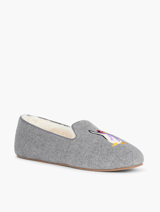 Brushed Flannel Slippers - Embroidered Penguin