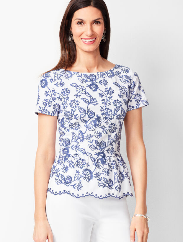 Embroidered Floral Peplum Top | Talbots