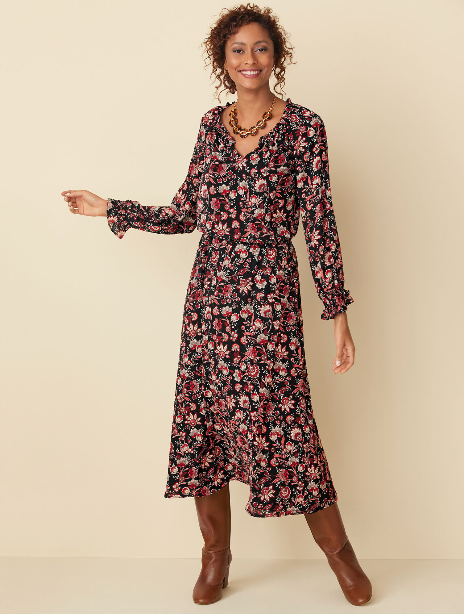 Bracelet Sleeve Autumn Garden Midi Dress