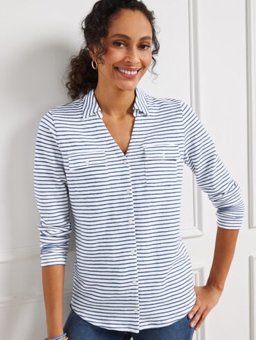 Knit Button Front Shirt - Crocus Stripe