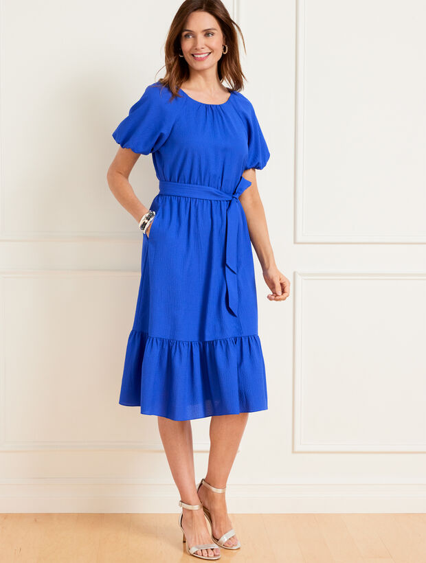 Puff Sleeve Seersucker Fit &amp; Flare Dress