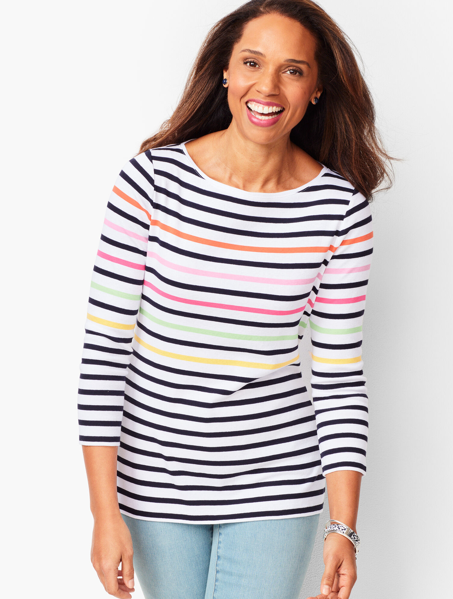 Cotton Bateau-Neck Tee - Multi-Color Stripe 