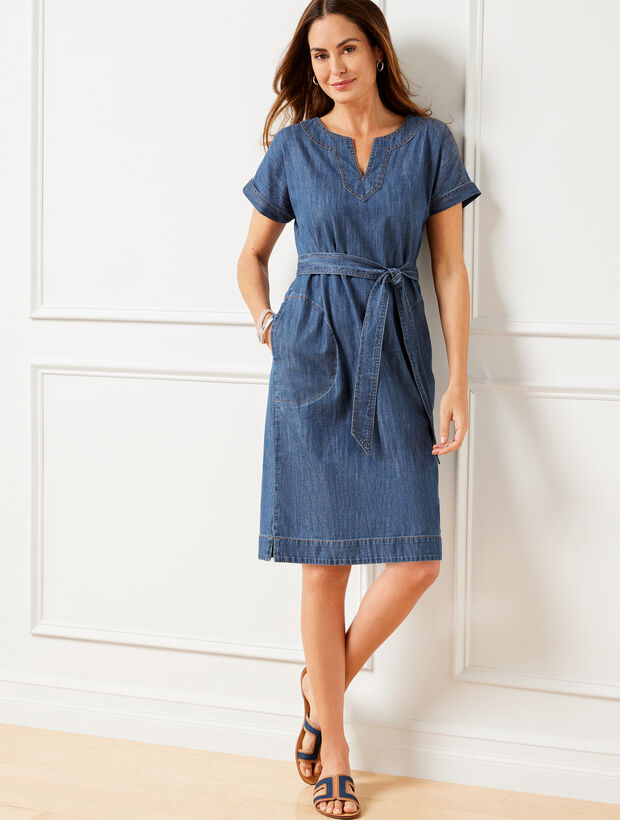 Denim Tie Waist Shift Dress