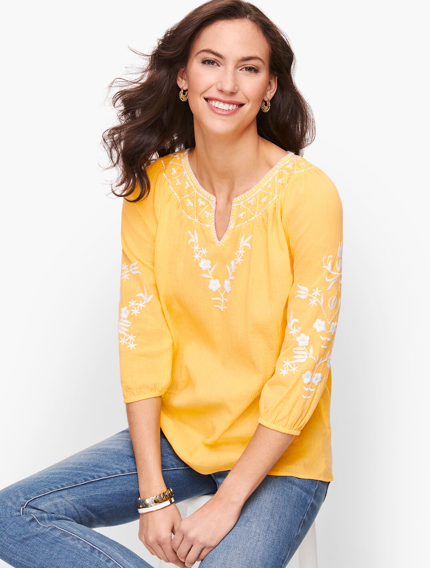 Flower Embroidered Gauze Top