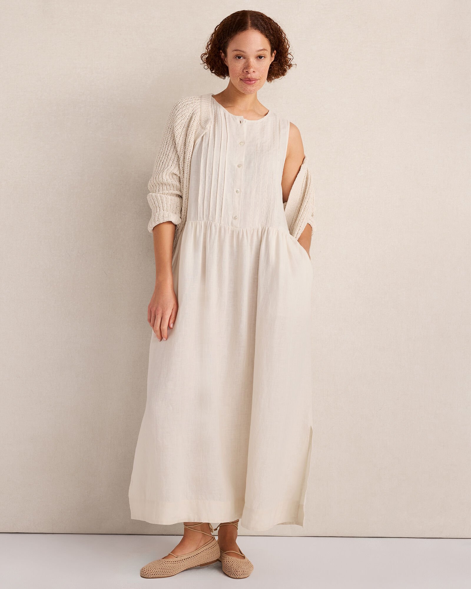 Linen Pintuck Midi Dress