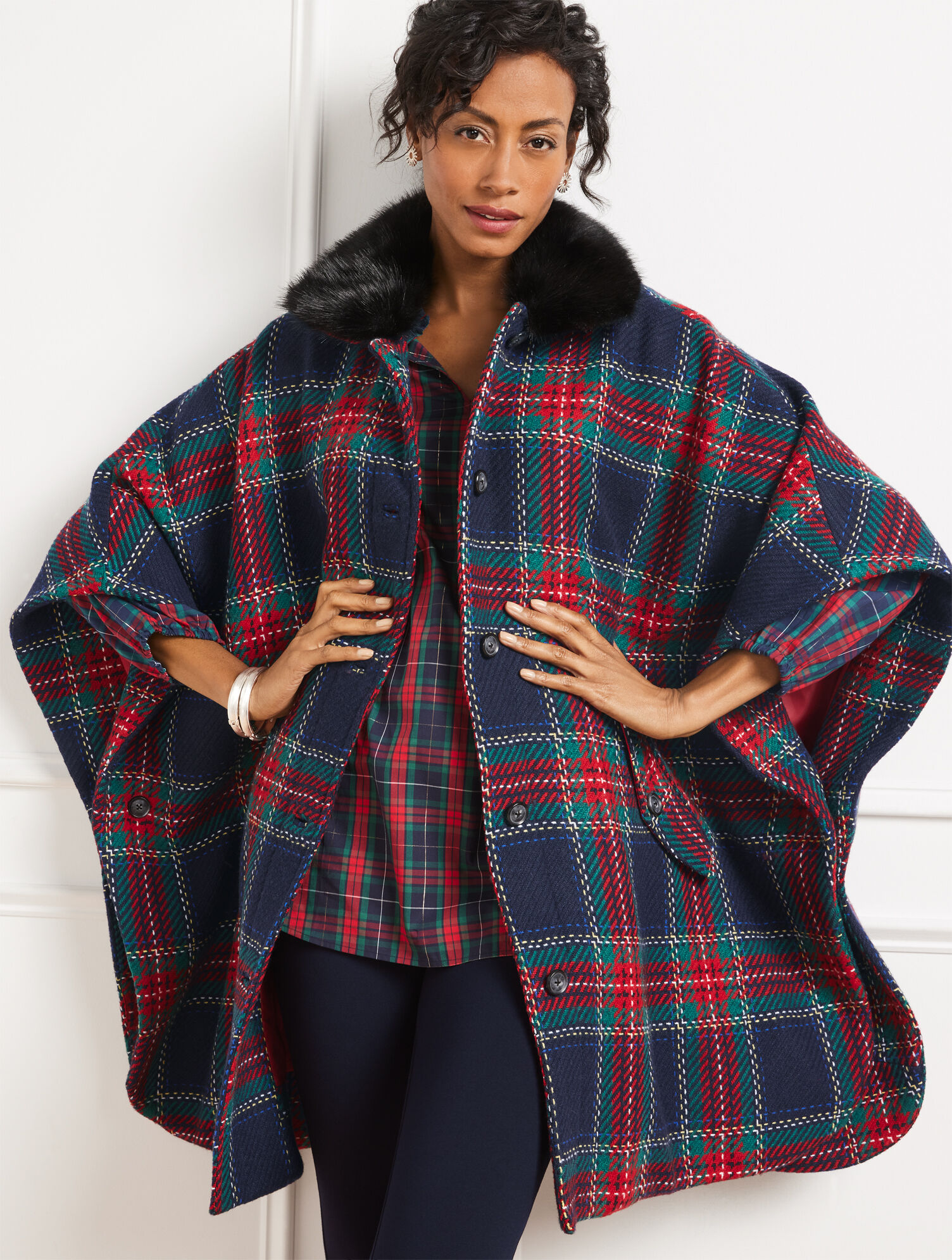 Wool Blend Cape - Plaid