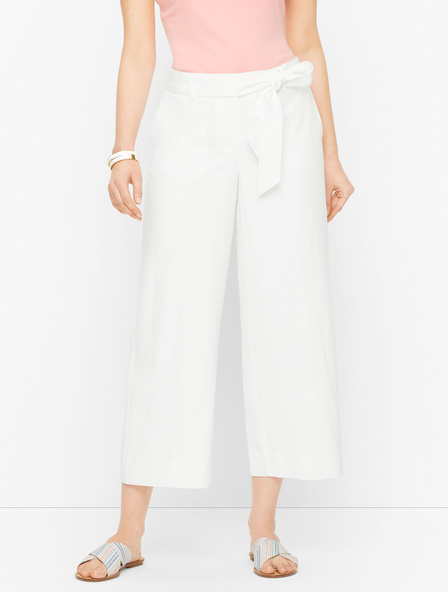 Tie Waist Wide Leg Crop Pants White Talbots