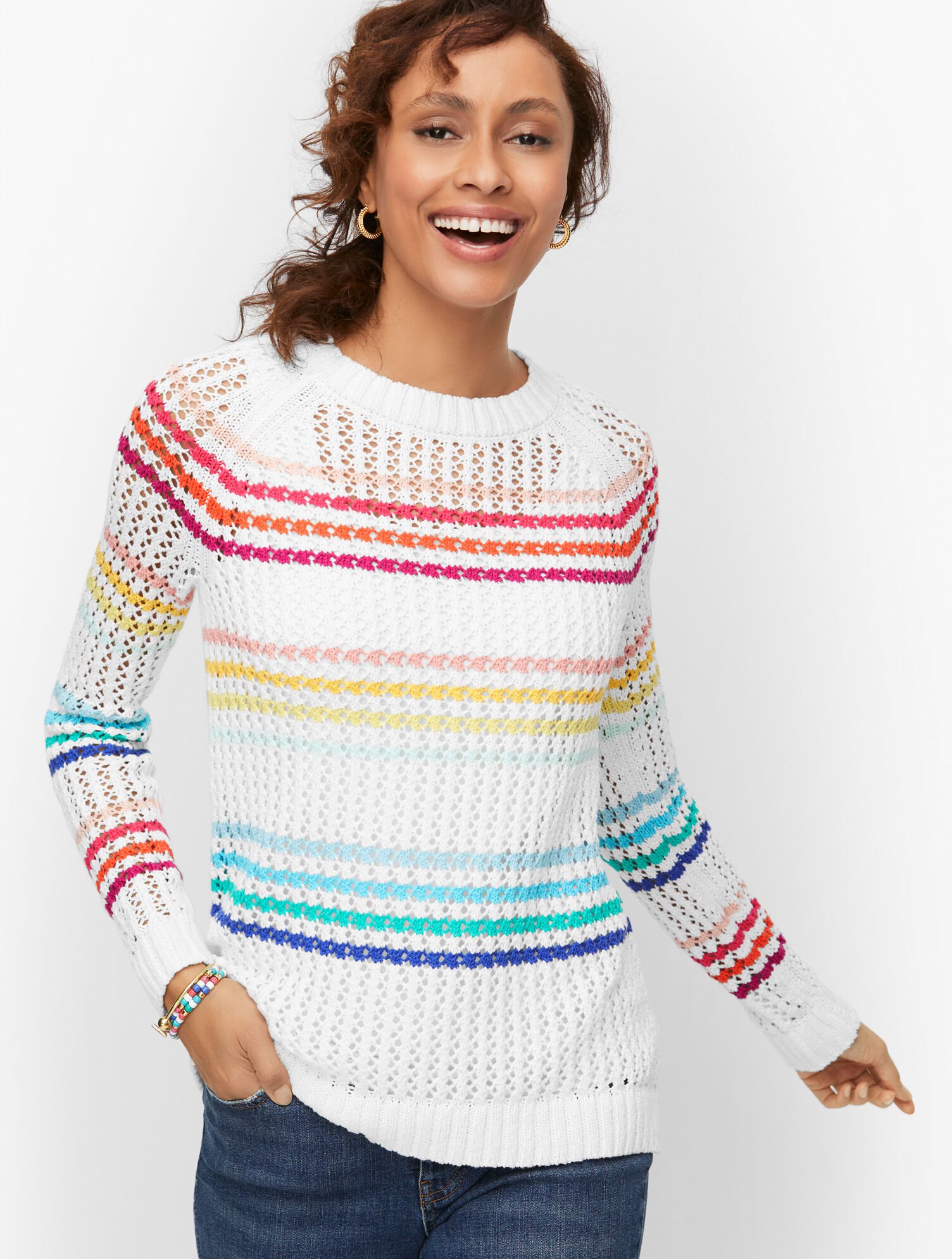 Open Stitch Raglan Sweater - Happy Stripe