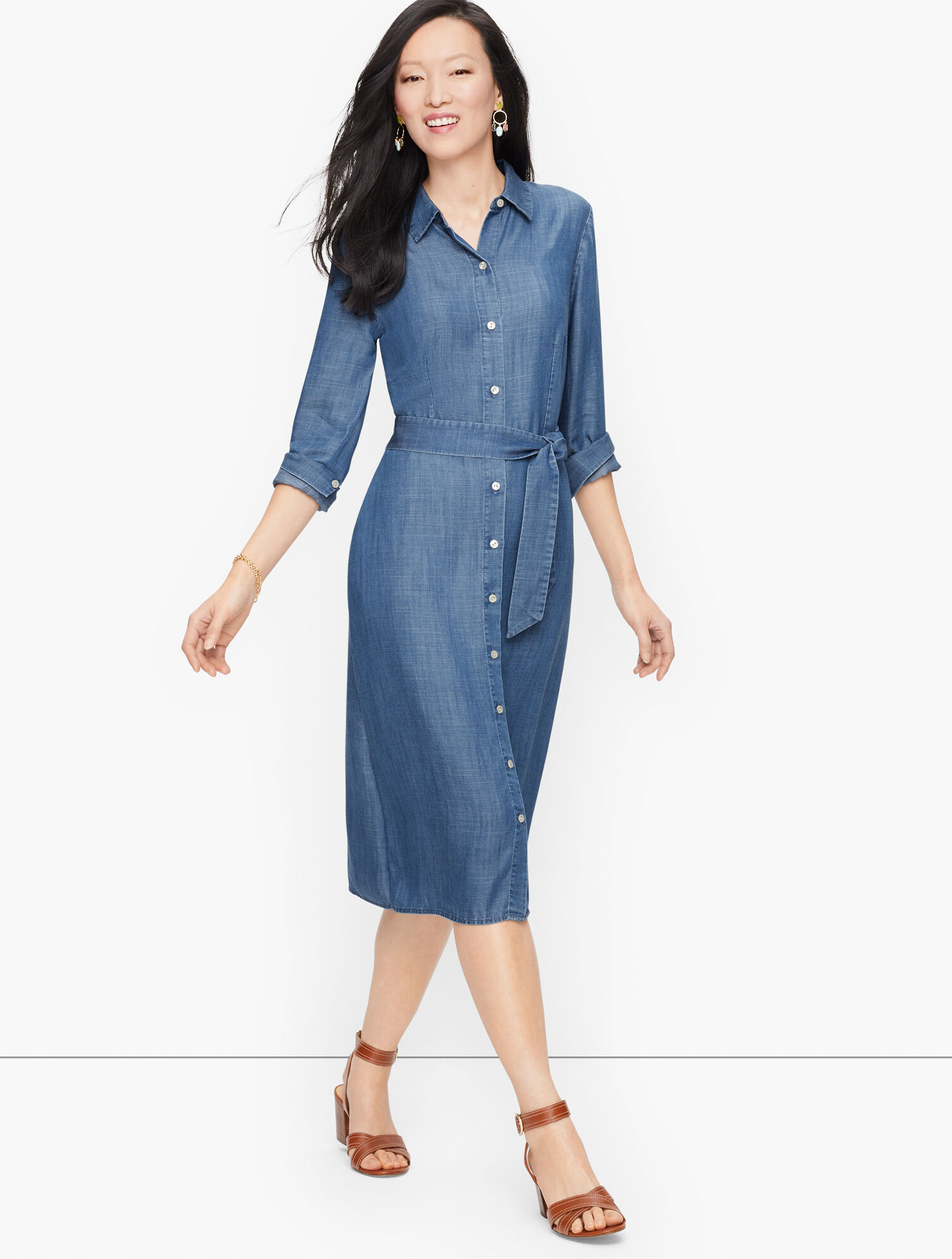 white christmas dresses Drop Shoulder Button Down Front, Chest and Side Pockets Tencel Denim Shirt  Dress with Self T main image 0
