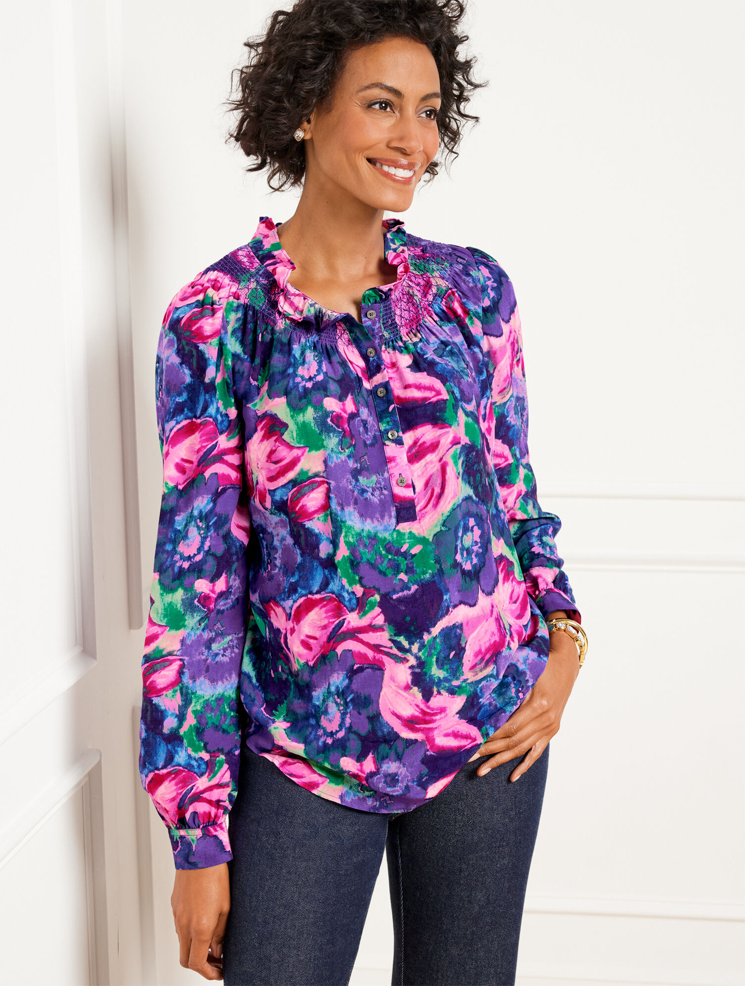 Talbots Ruffle Top Smocked Ruffle Neck Top - Delicate Floral | Talbots