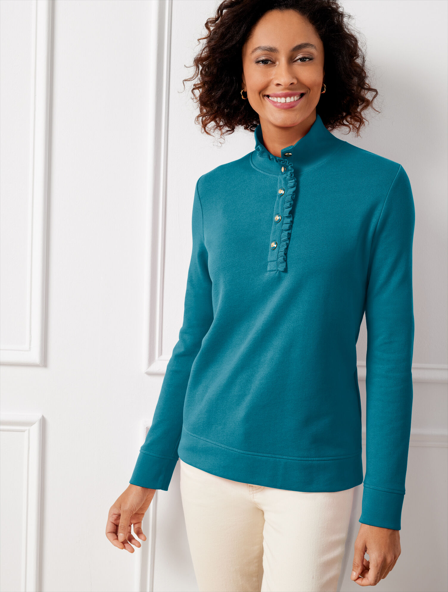 Ruffle Placket Mockneck Pullover | Talbots