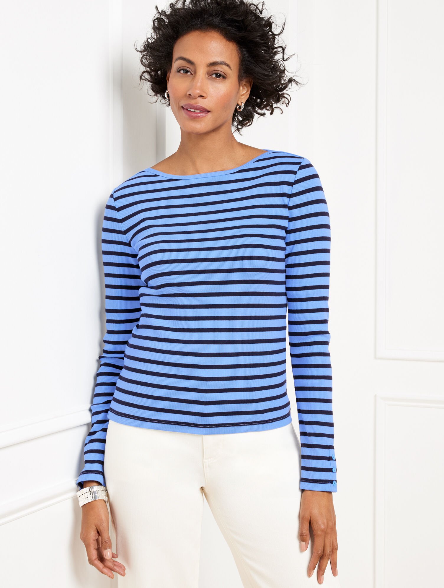 Button Cuff Bateau Neck Hutton Stripe Talbots
