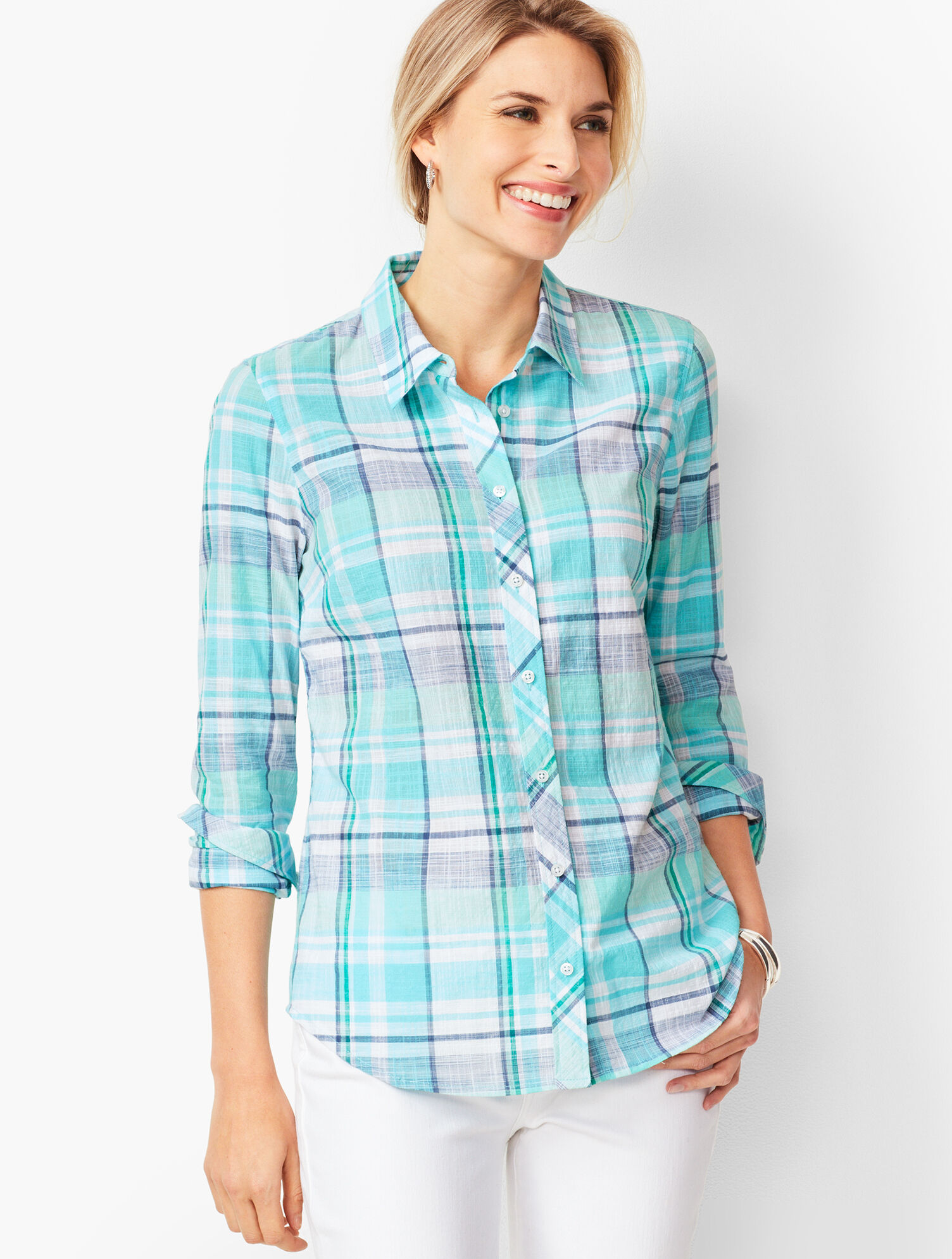 Classic Cotton Shirt - Sea Plaid | Talbots
