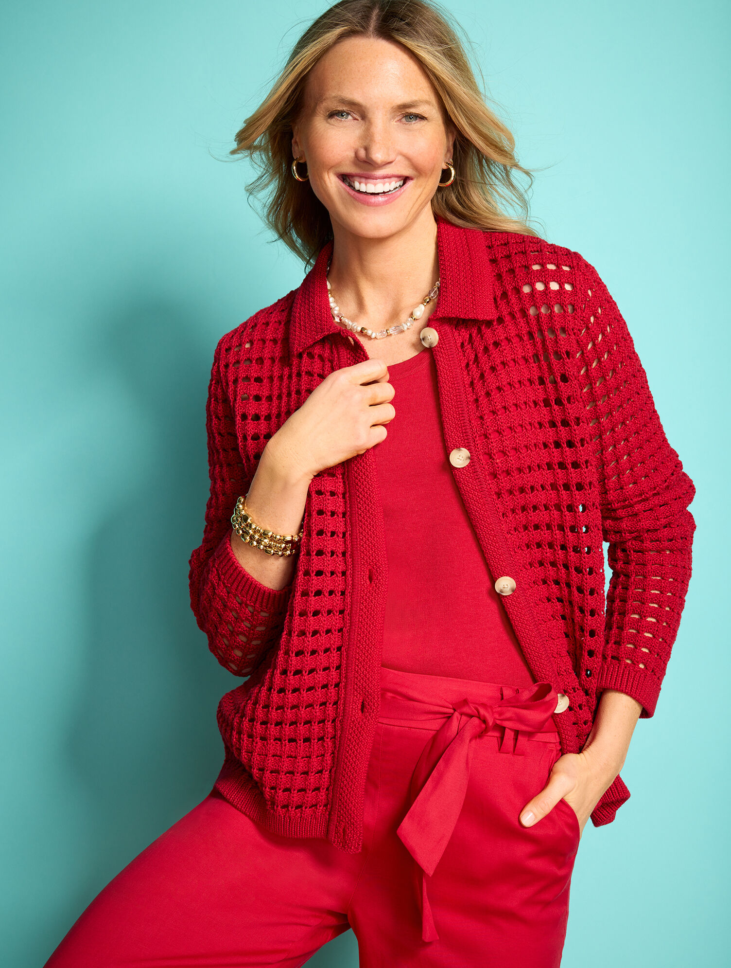 Open Stitch Polo Cardigan | Talbots