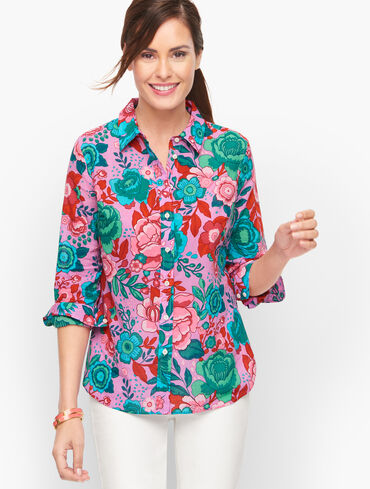 Cotton Button Front Shirt - Sketched Blooms