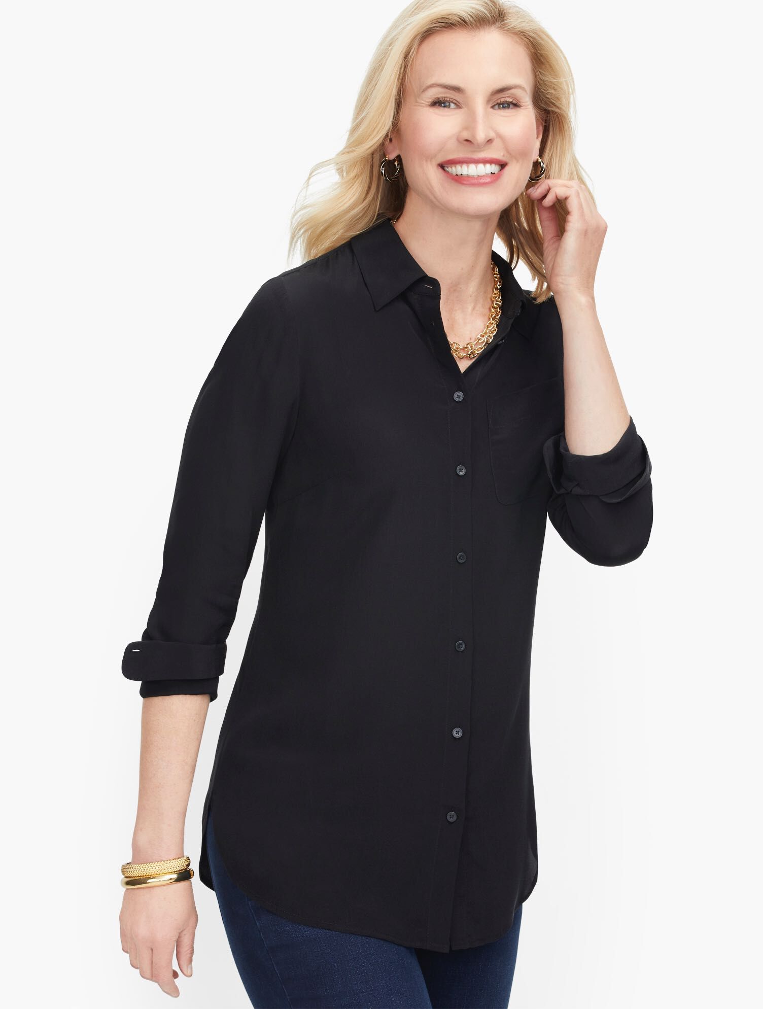 Washable Silk Camp Shirt Solid Talbots