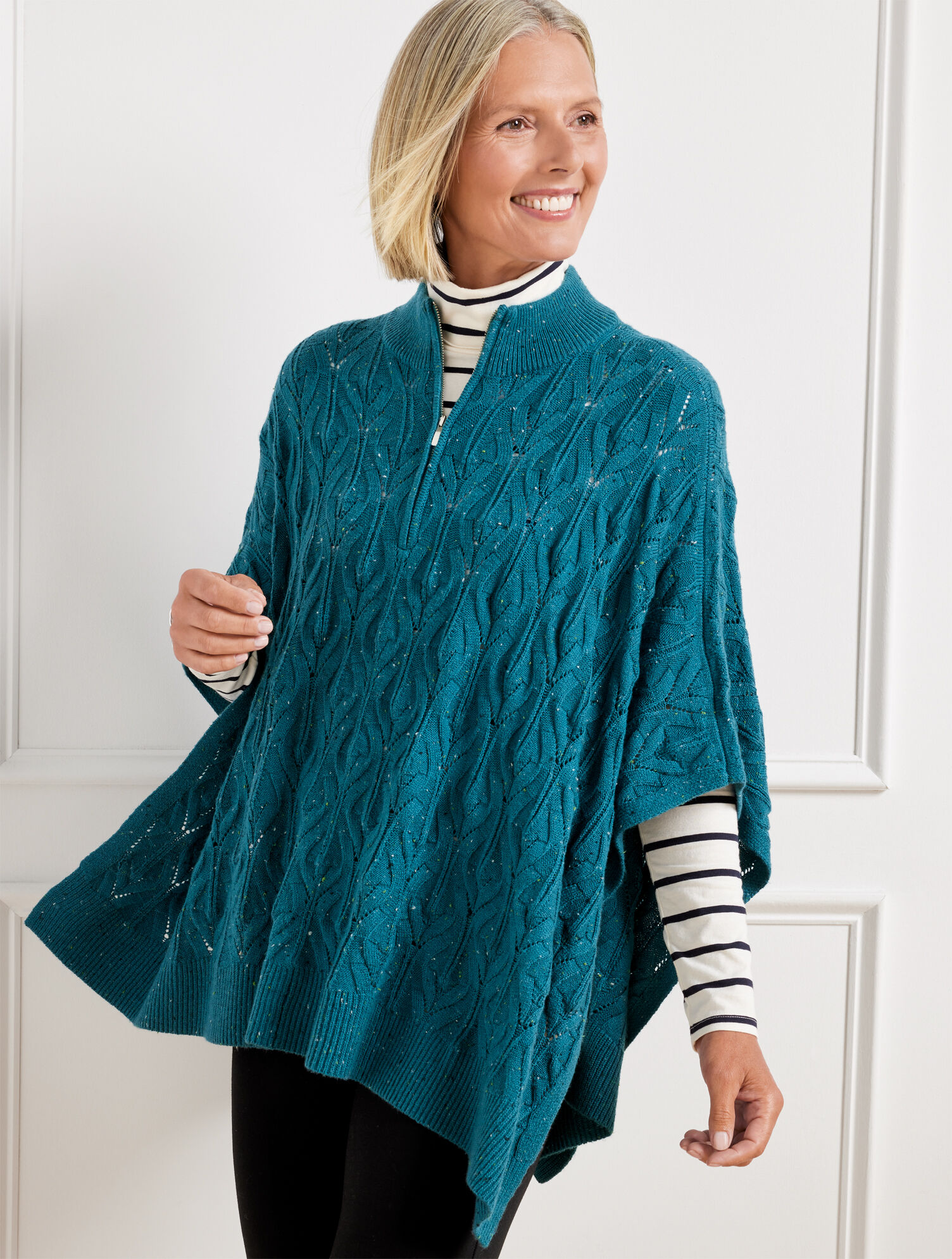 Cable Knit Poncho - Teal Ocean Tweed | Talbots