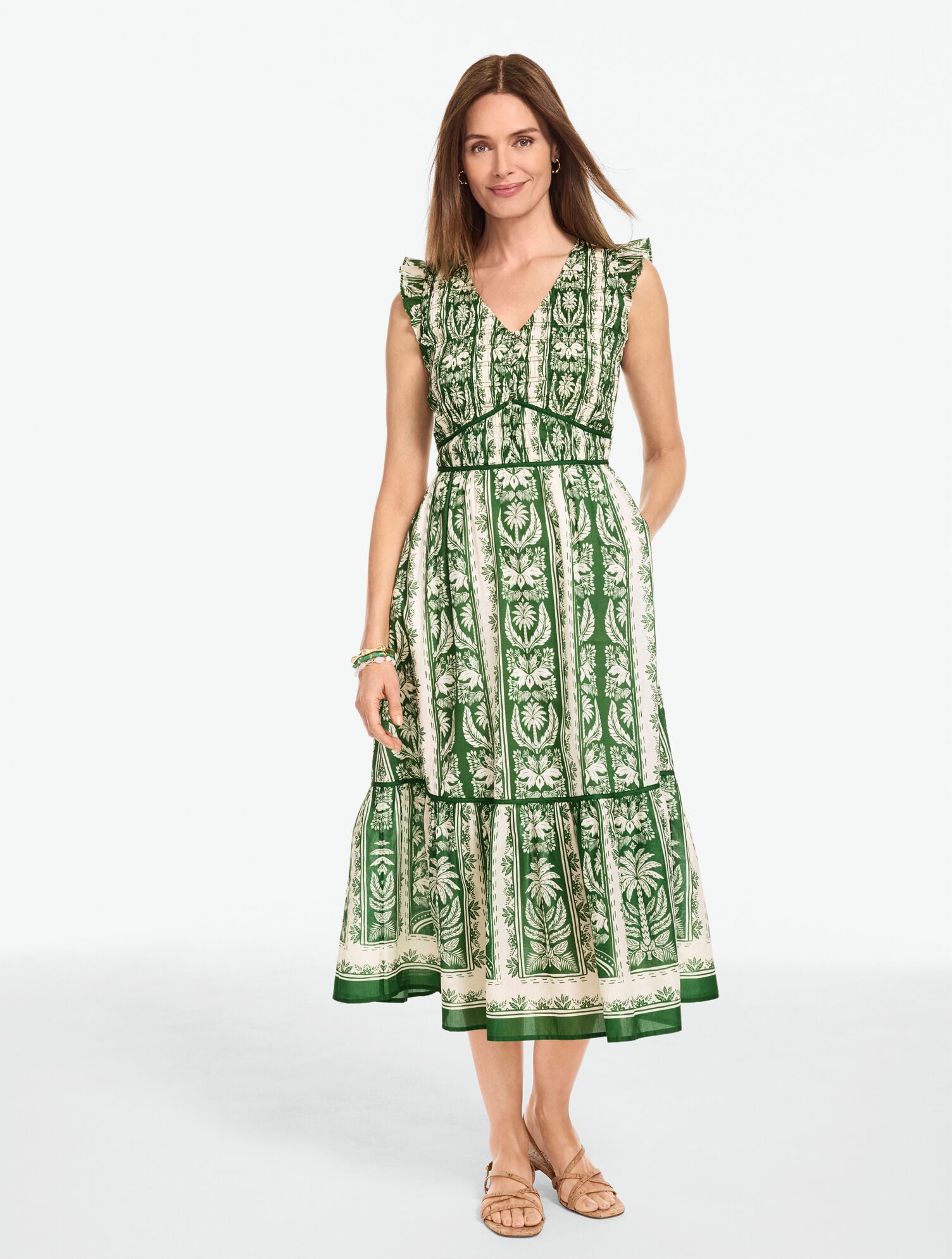 Voile Smocked Midi Dress - Tropical Damask