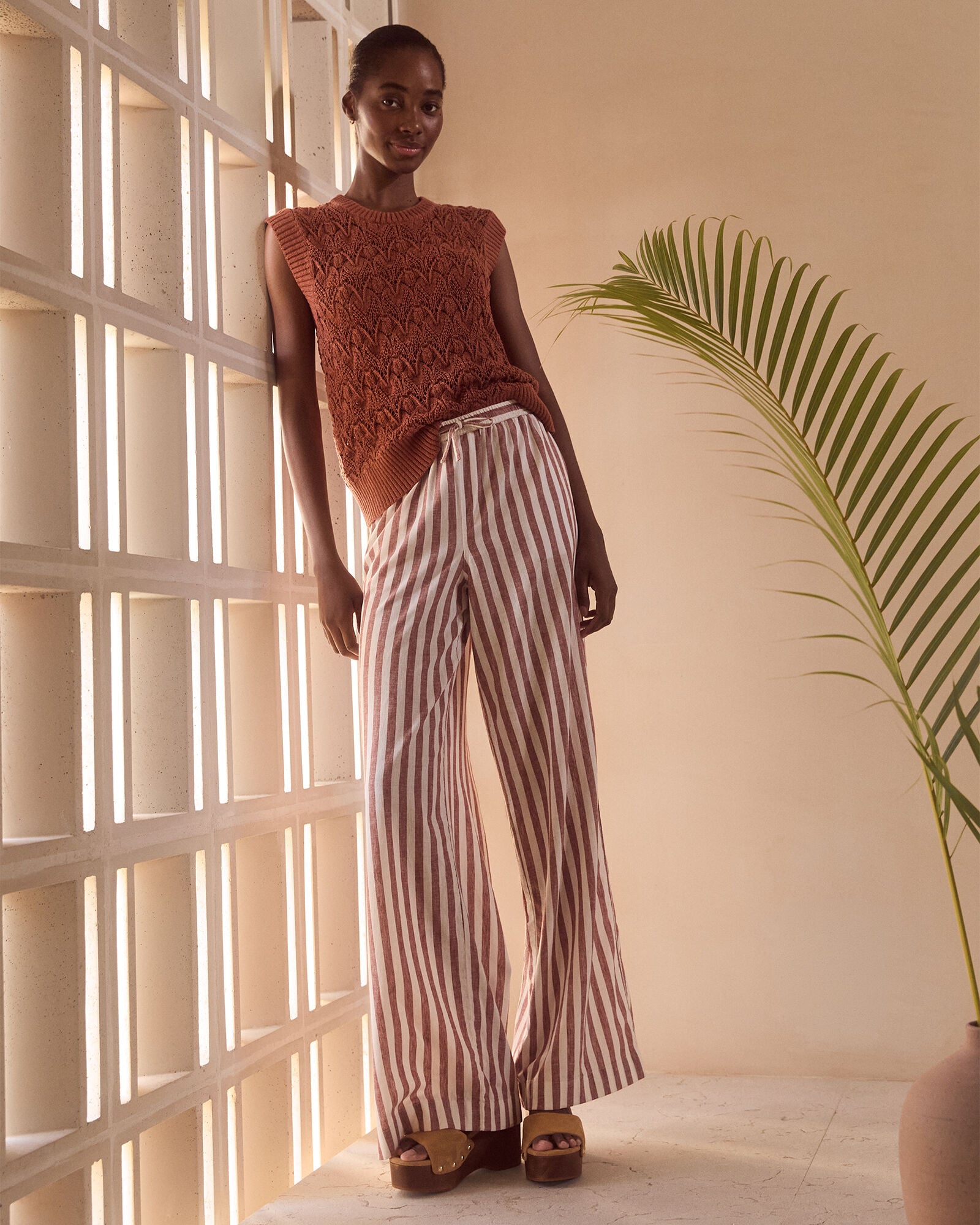 Organic Cotton Linen Striped Wide Leg Pants