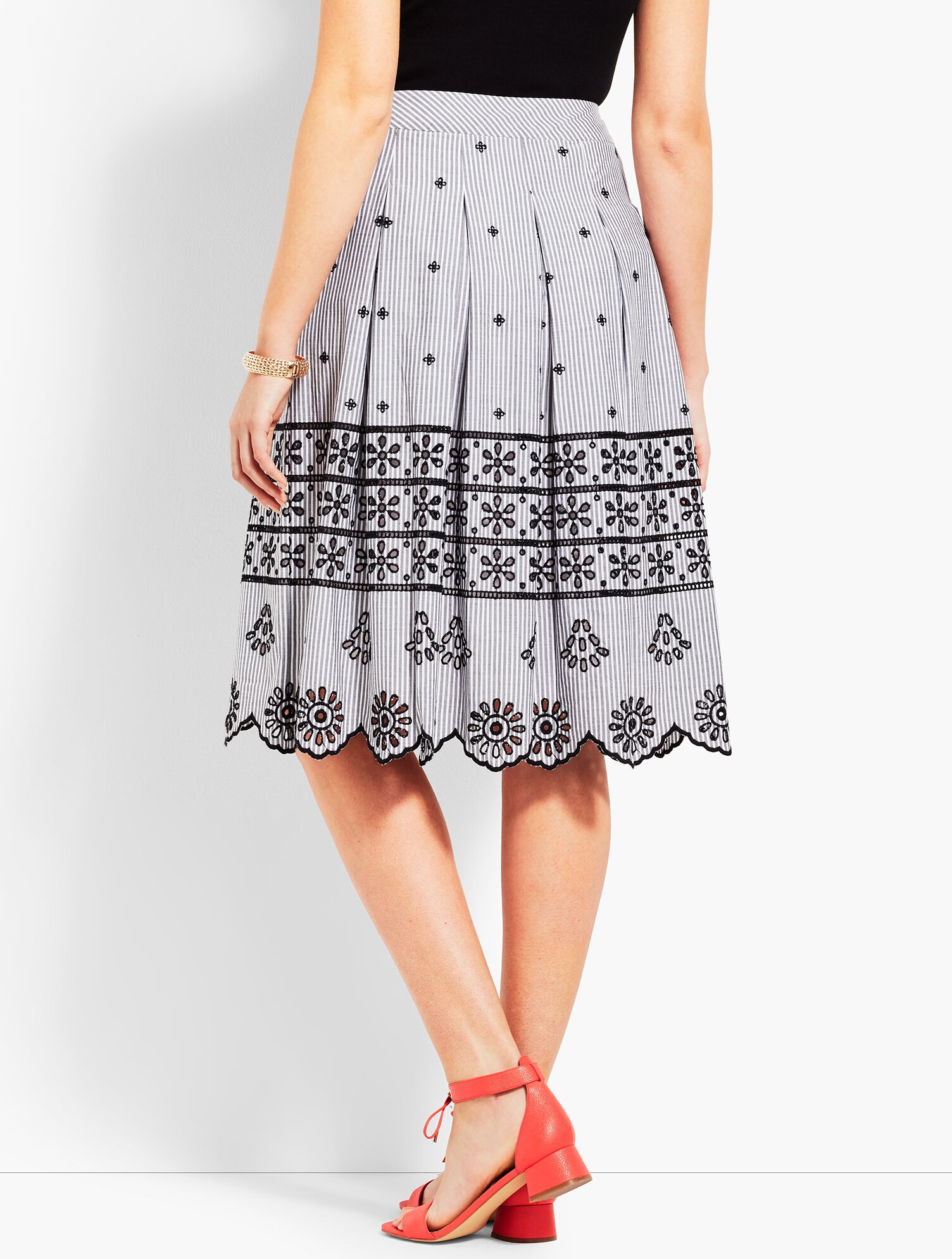 Eyelet Pleated Stripe Skirt