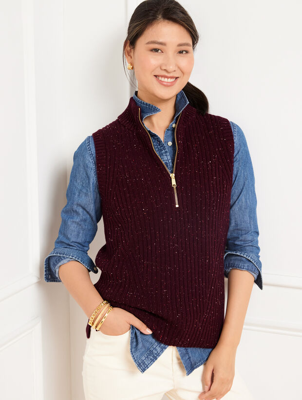 Ribbed Half-Zip Sweater Vest - Rich Burgundy