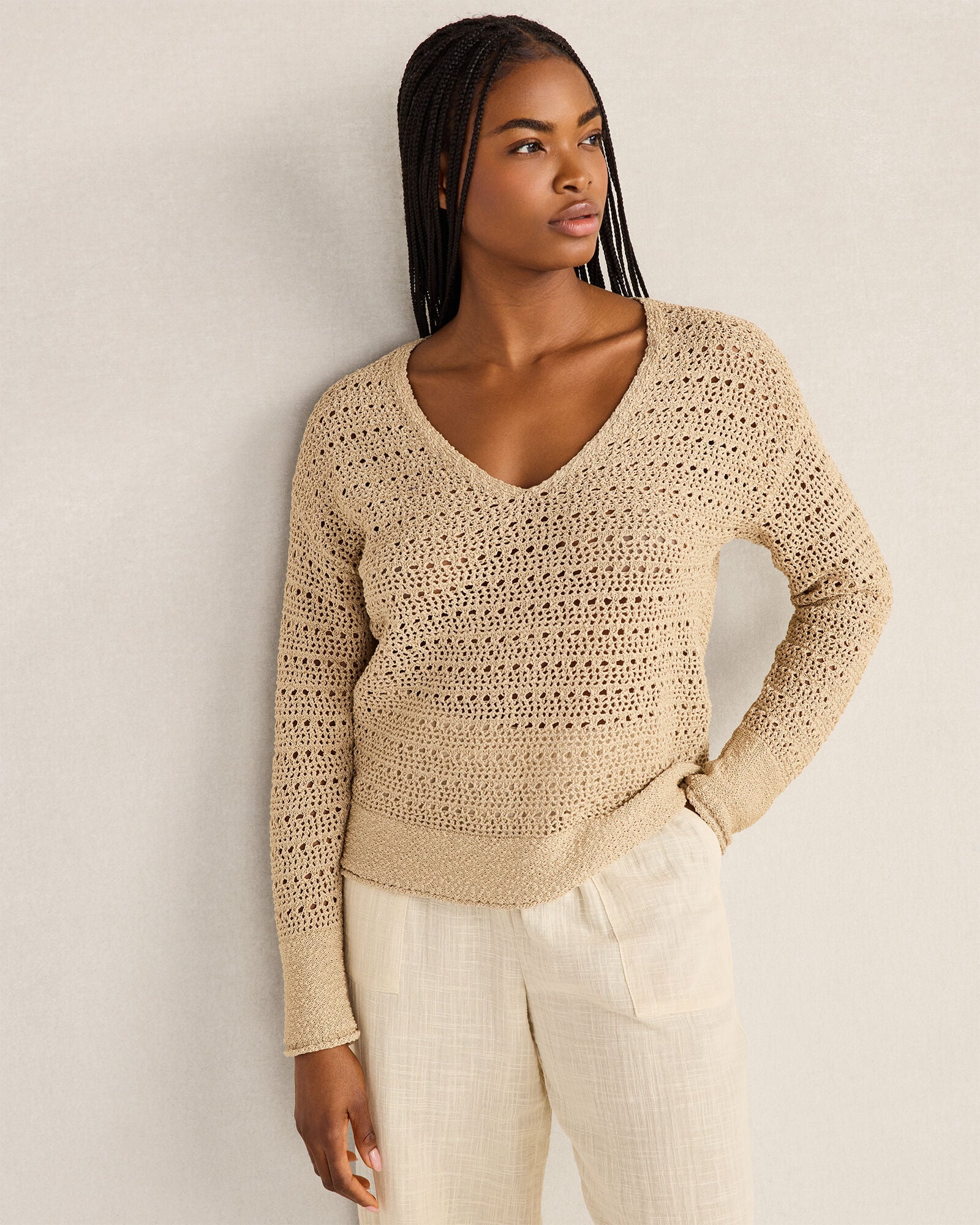 Textured Cotton V-Neck Sweater
