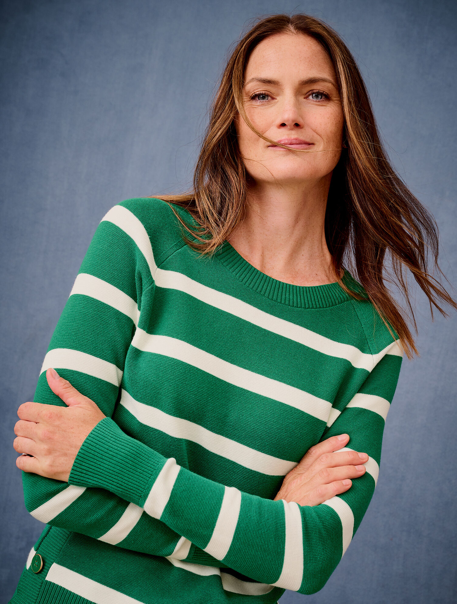 Button Detail Crewneck Sweater - Mariner Stripe