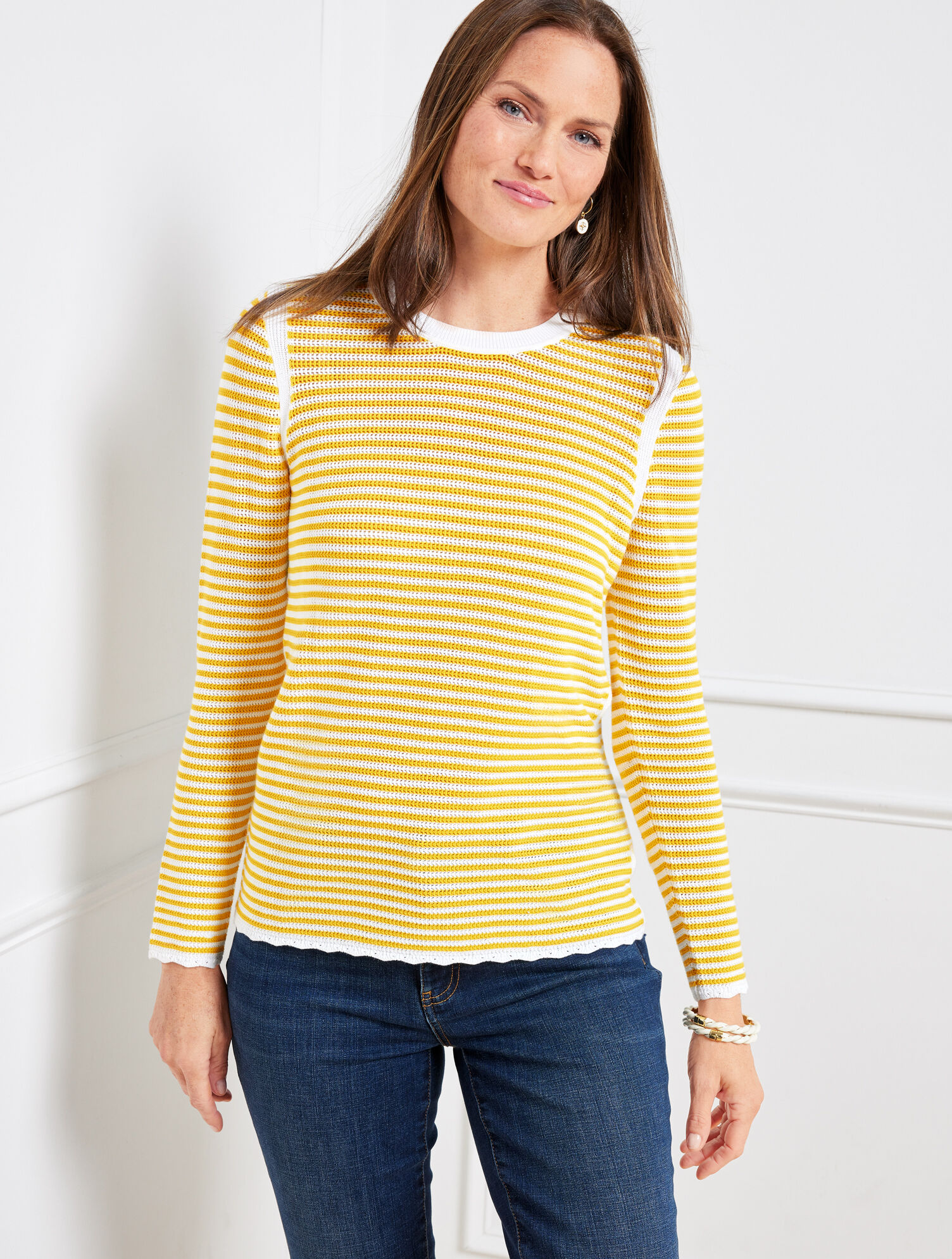 Striped Scallop V Neck Split Sweater main image 1