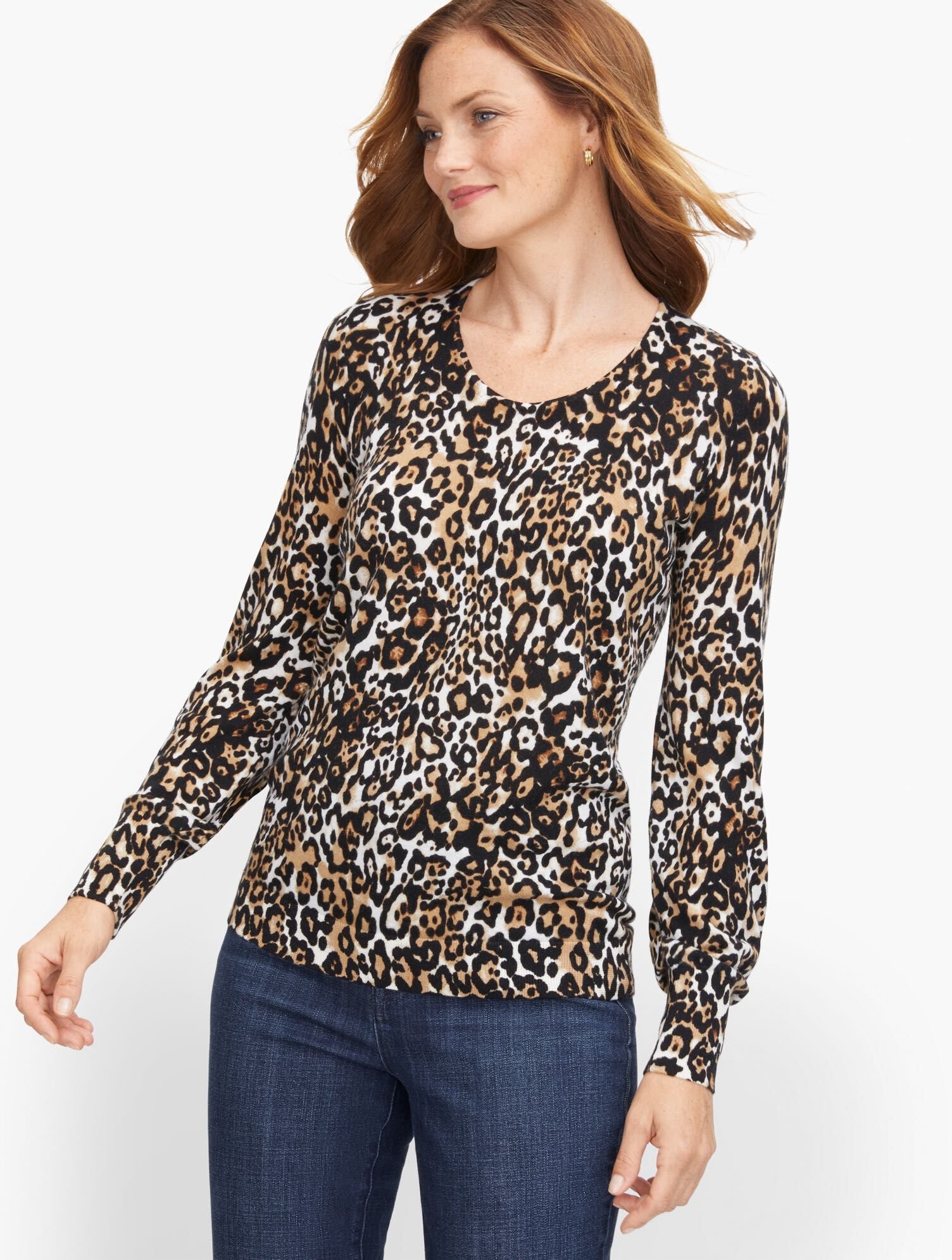 Soft Merino V-Neck Sweater Leopard Print Talbots
