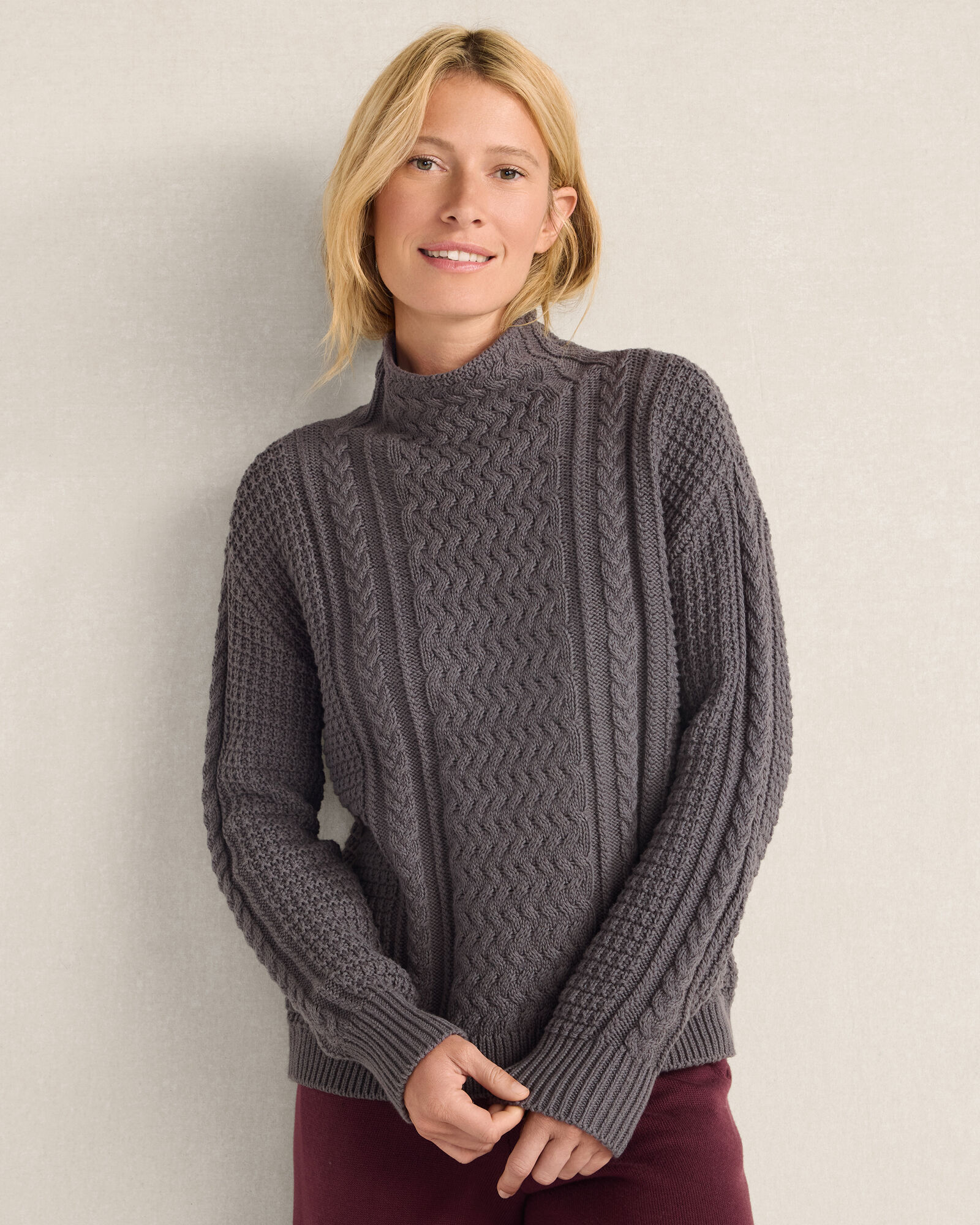 Organic Cotton Mixed Stitch Mockneck Sweater