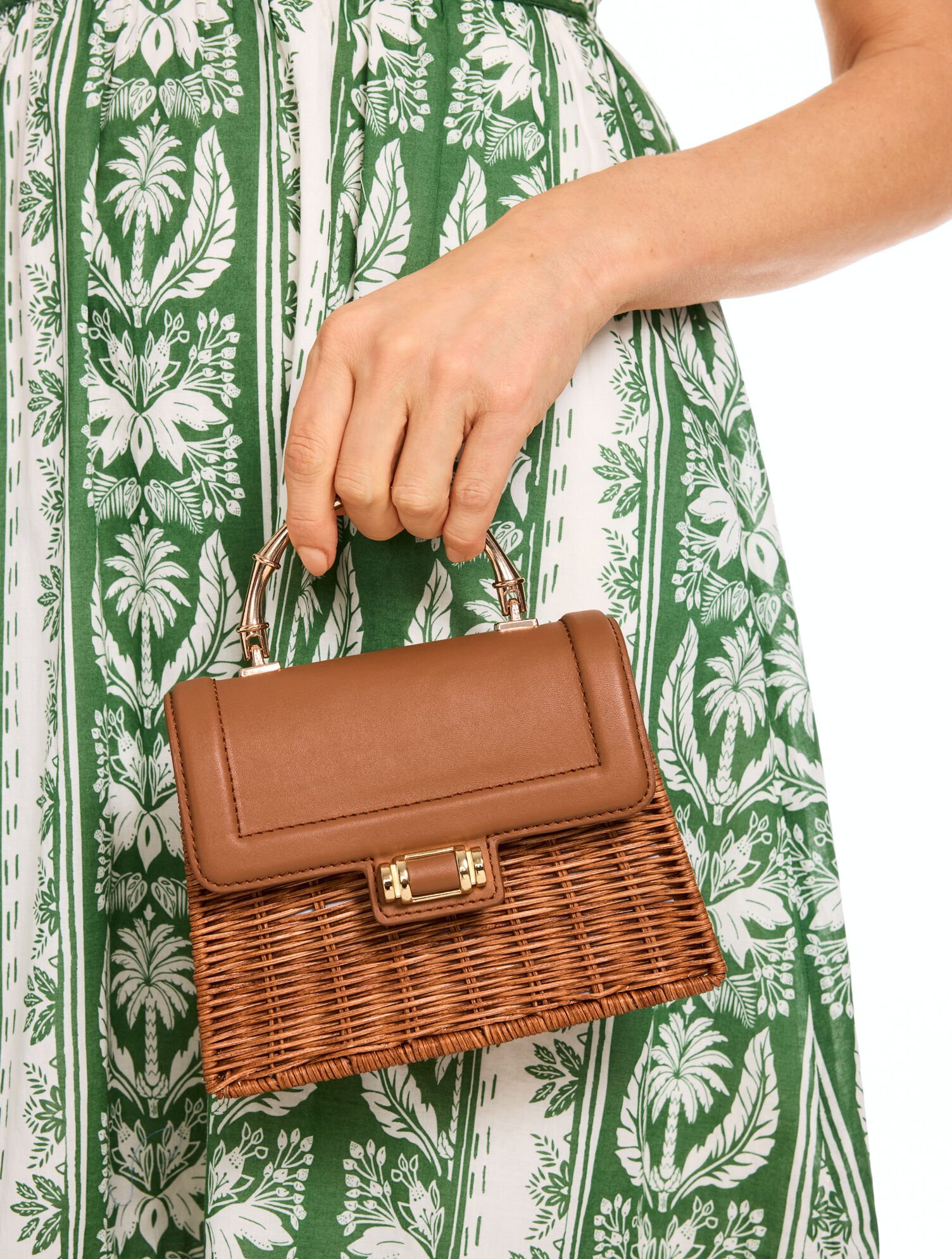Leather Trim Wicker Crossbody Bag