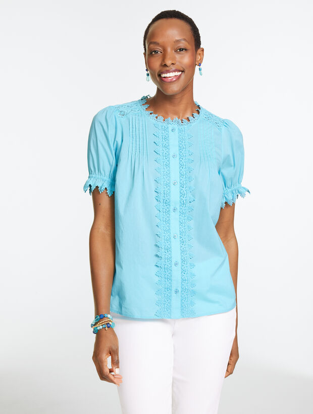 Lace Trim Button Front Voile Top - Opal Blue