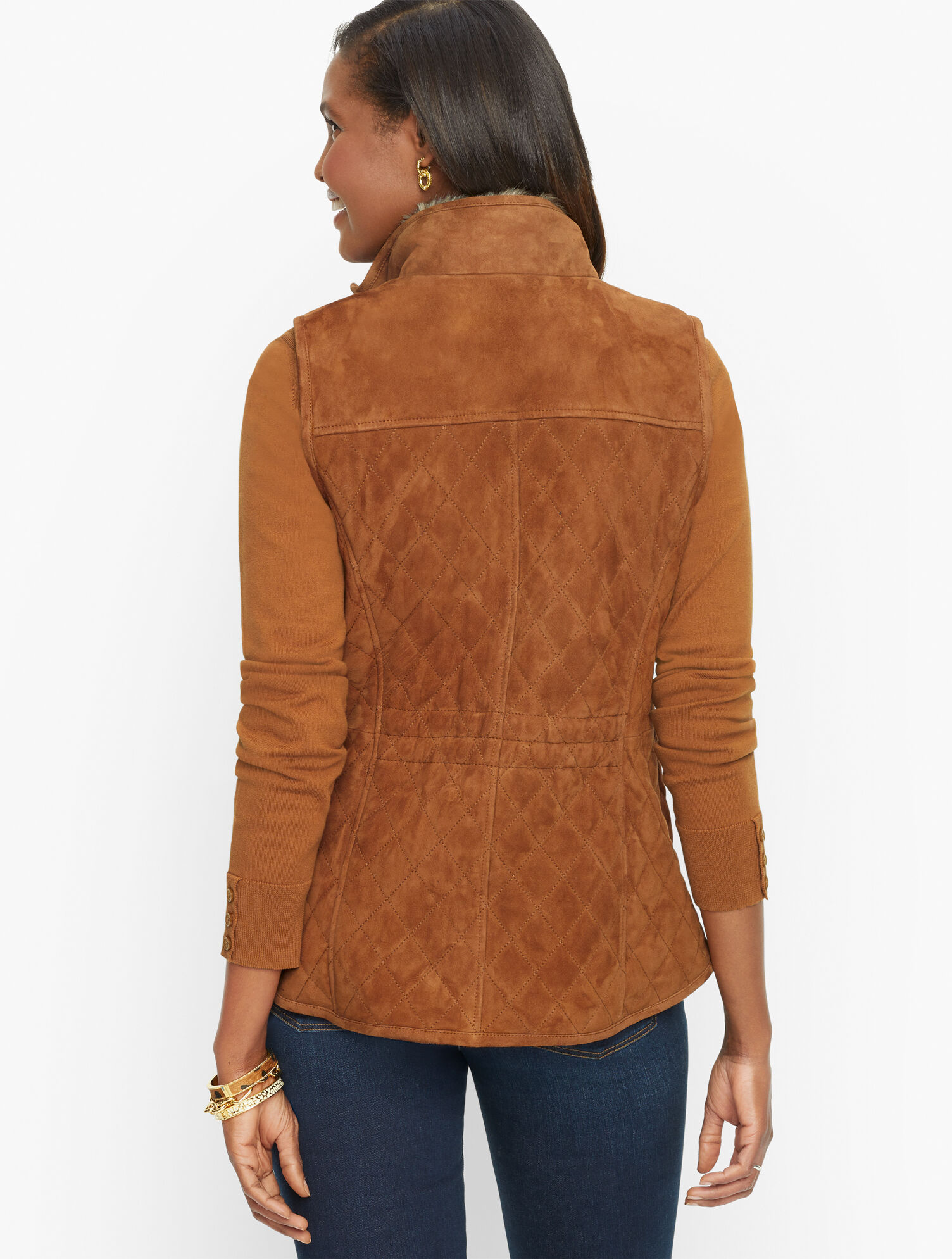 Faux Fur Collar Quilted Suede Vest