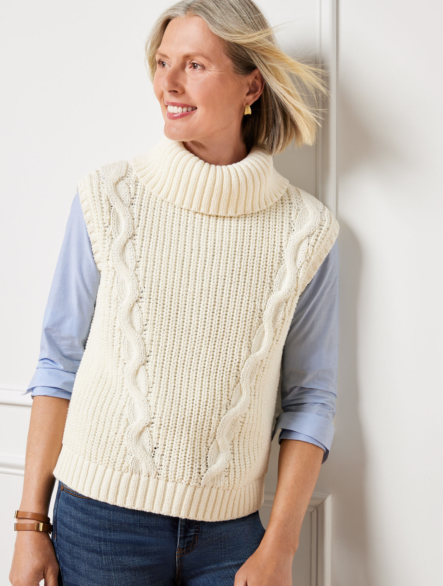 Convertible Cowl-Neck Cable Knit Vest | Talbots