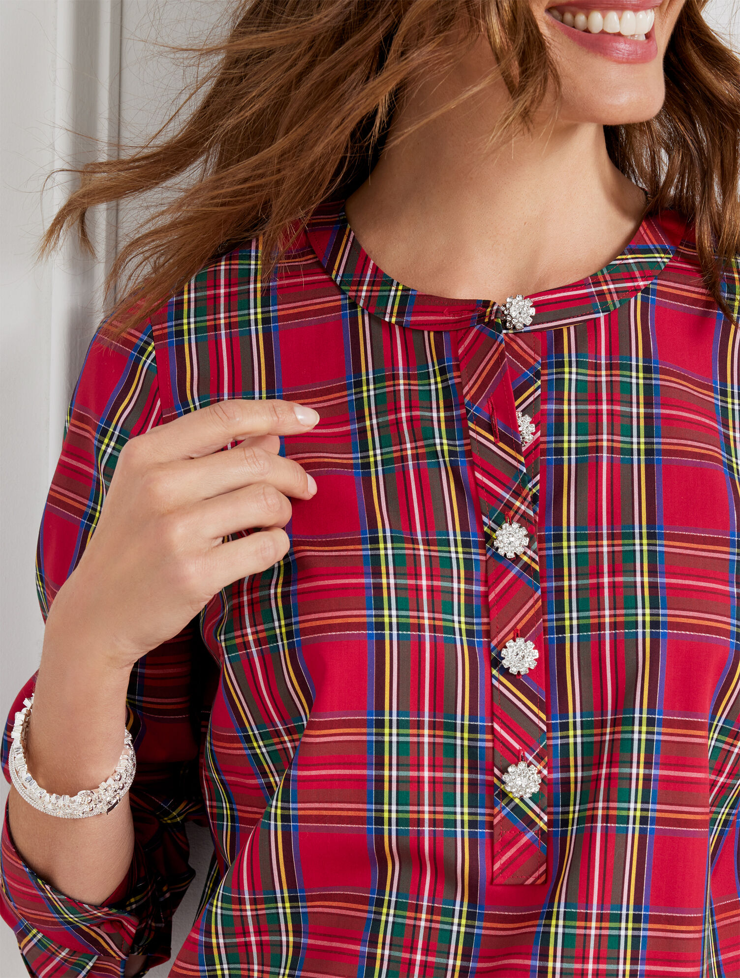 Talbots Tunic Non-Iron Band Collar Tunic - Celebrate Plaid | Talbots