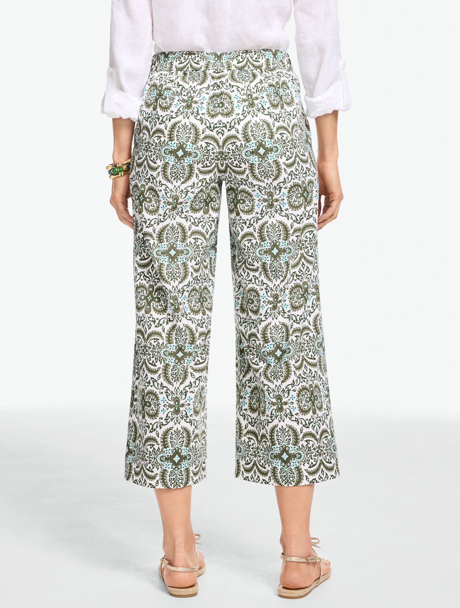 Washed Linen Wide Crop Pull-On Pants - Royal Medallion