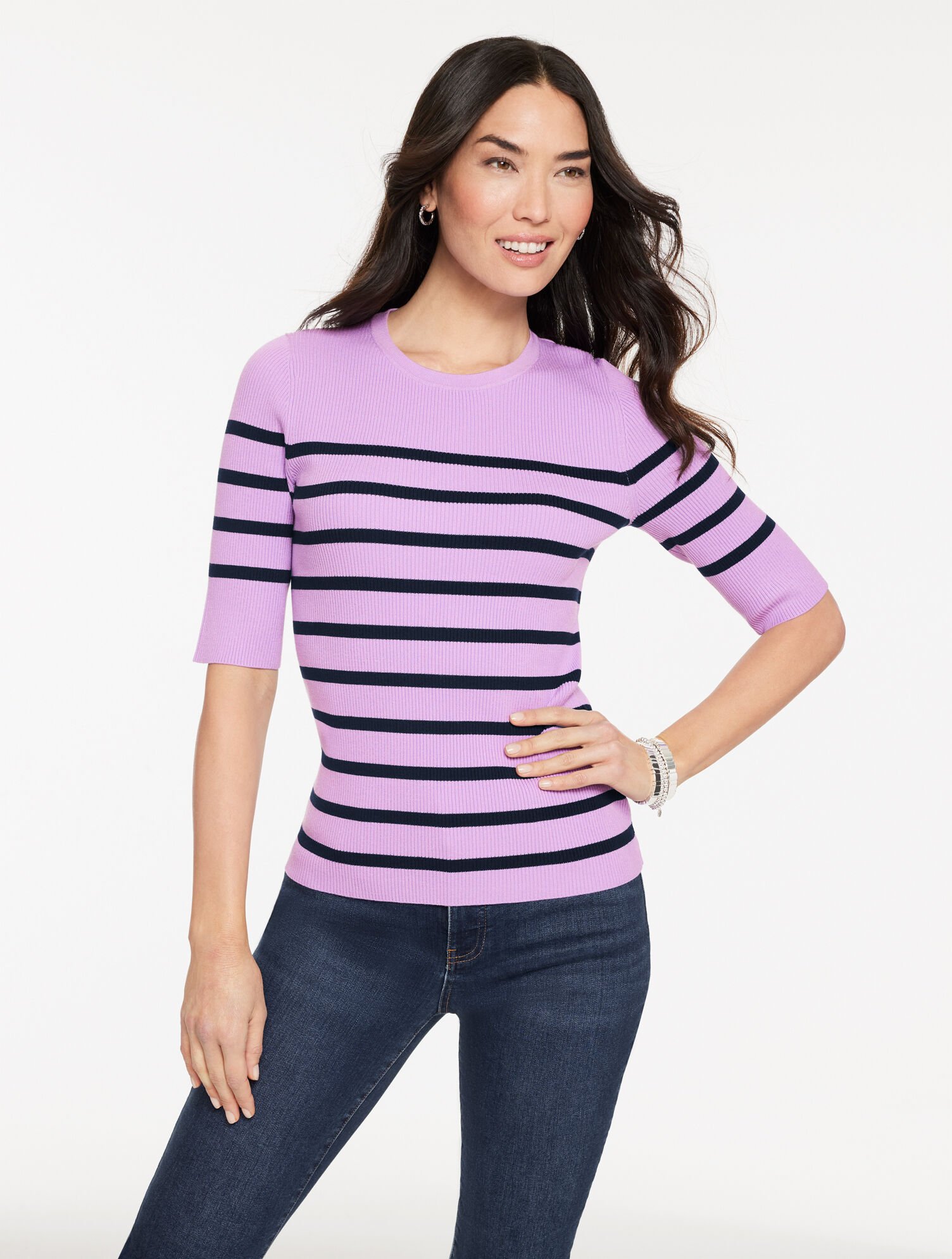 Elbow Sleeve Ribbed Crewneck Sweater - Stripe