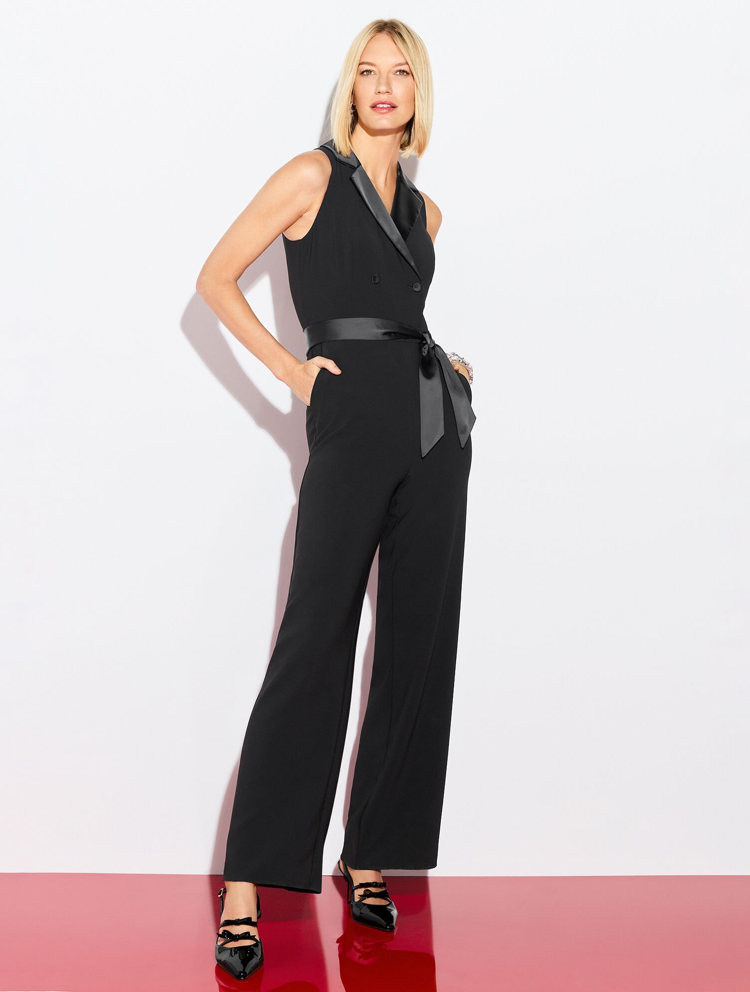 Polished Crepe Tuxedo Wide Leg Jumpsuit