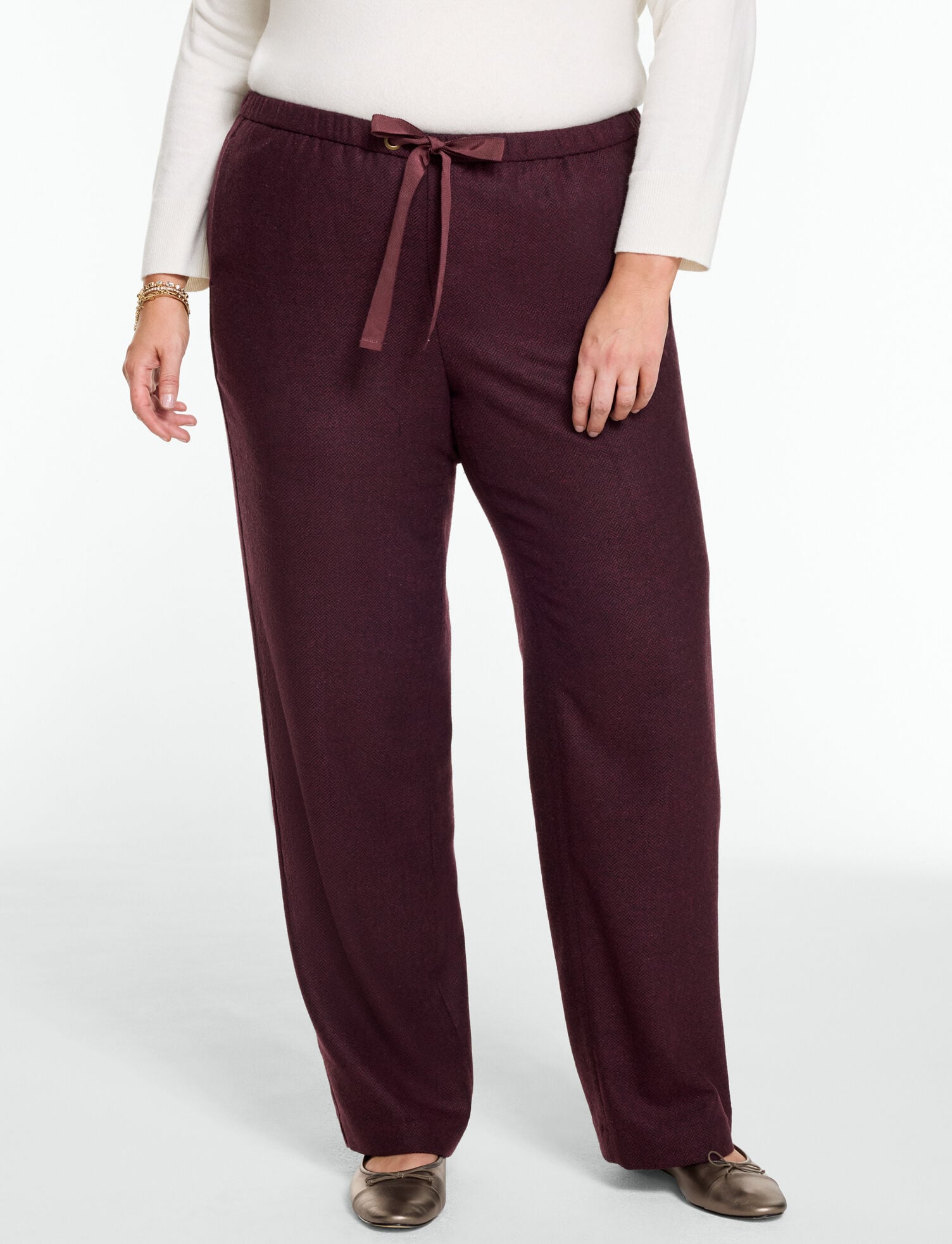 Wool Blend Straight Leg Herringbone Pull-On Pants