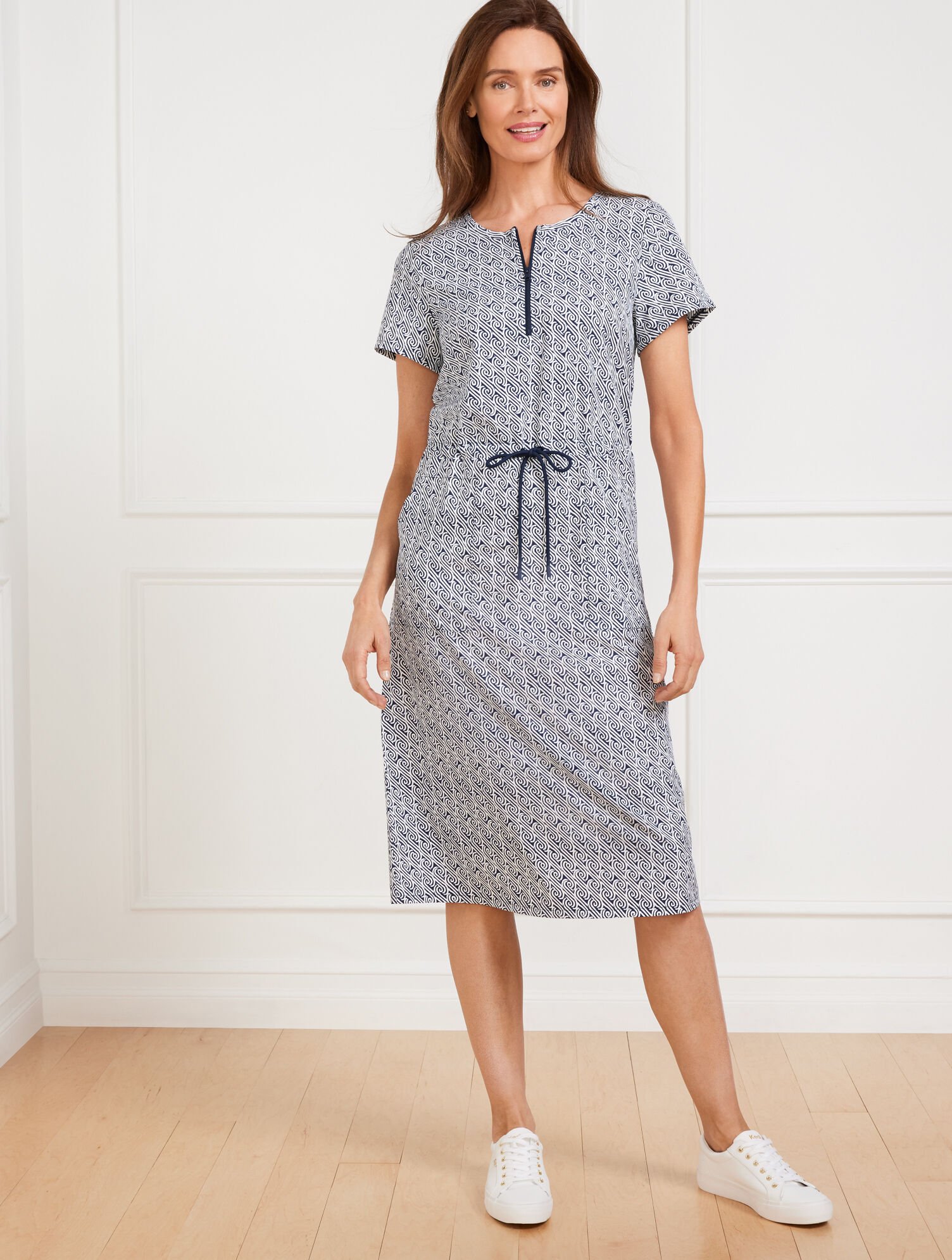 Lightweight Woven Stretch Drawstring Waist Dress - Water Swirls